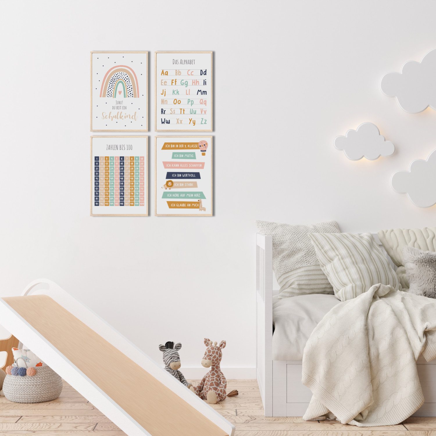 MeinBaby123® Poster Lernposter, Bilder Kinderzimmer Deko, Buchstaben, Alphabet, Zahlen, Mathe, Formen
