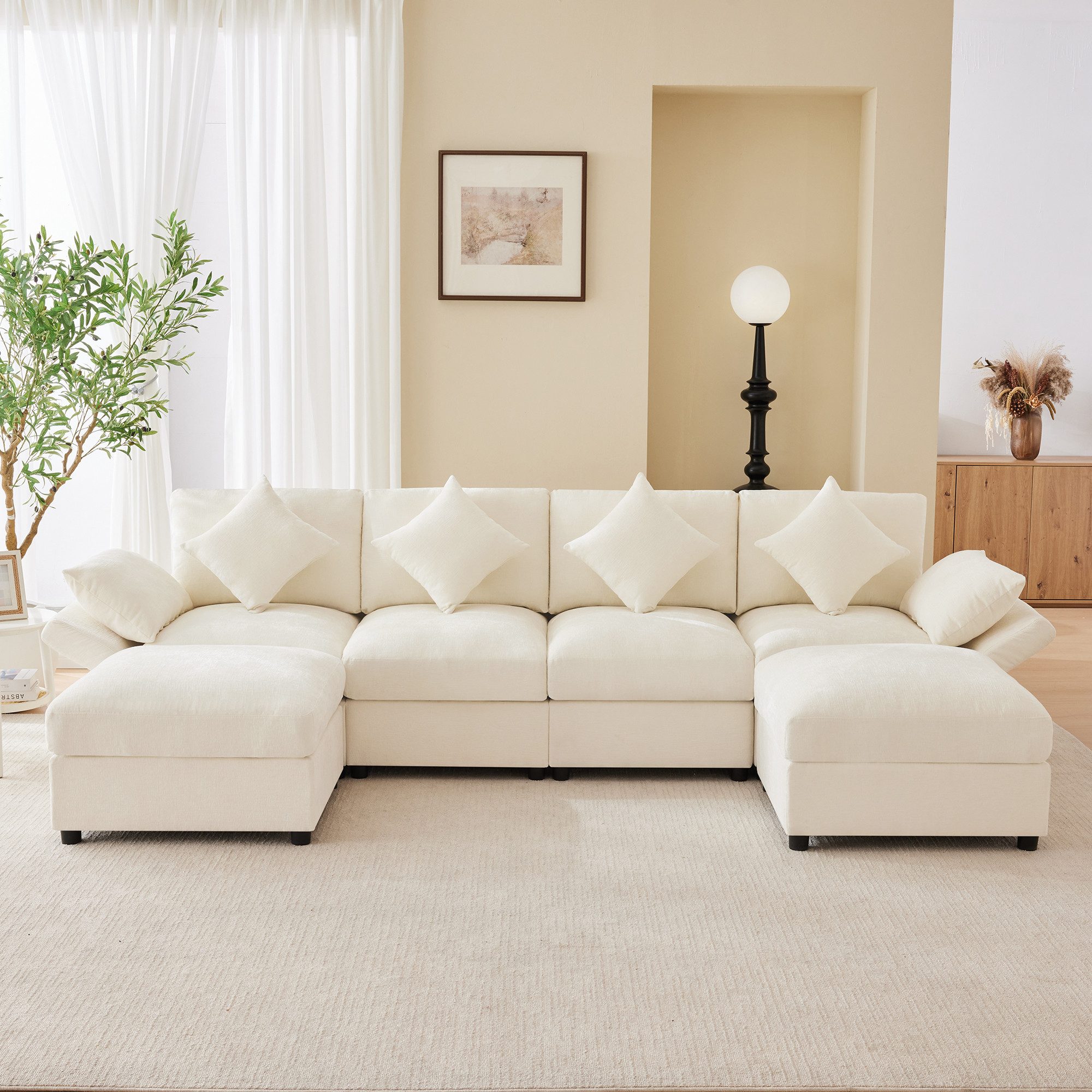 Odikalo Sofa Modulares Sofa mit Schlaffunktion & 2 Hockern U‑/L‑Form, umwandelbare Eckcouch mit verstellbaren Armlehnen, Cloud‑Sofa‑Design, inkl. 4 Dekokissen und 2 Kopfstützen, Chenille‑Stoff