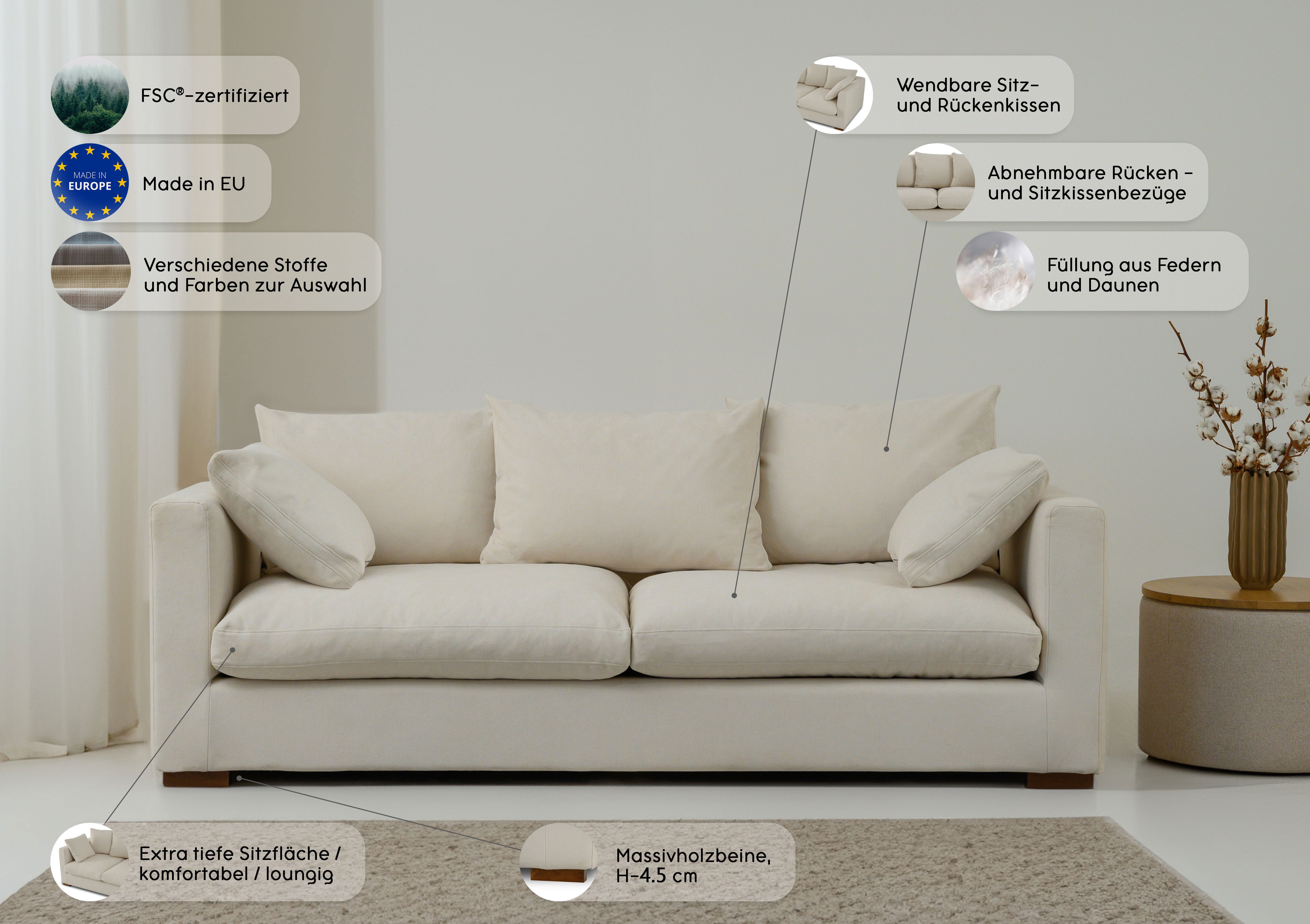 OTTO home 2,5-Sitzer Comfy, extra weich und kuschelig, Füllung mit Federn und Daunen