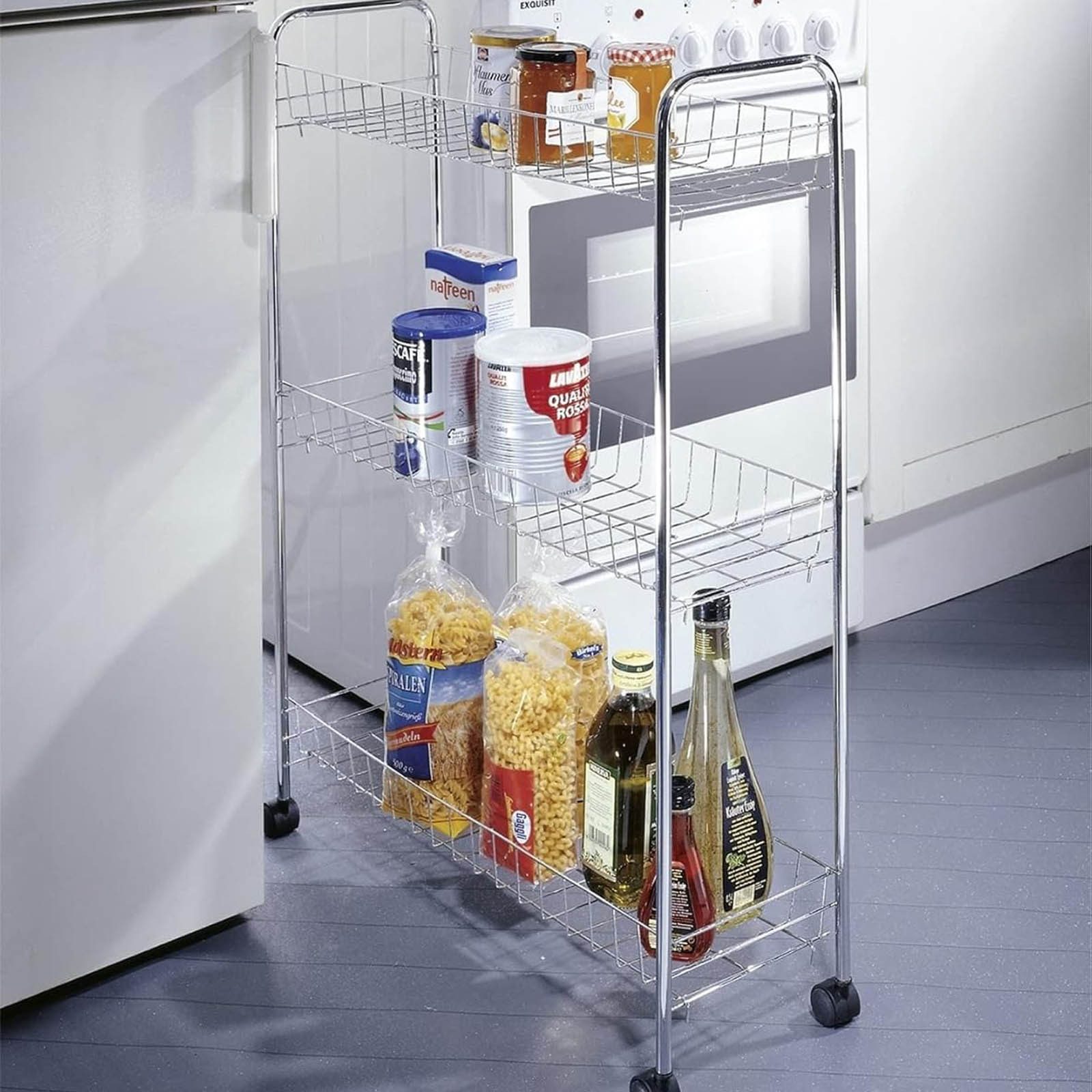 WENKO Rollwagen Rollregal Schmal Nischenregal Nischenwagen, Metall Chrom 20 x 80 x 57 cm mit 4 Rollen 3 Ablagen