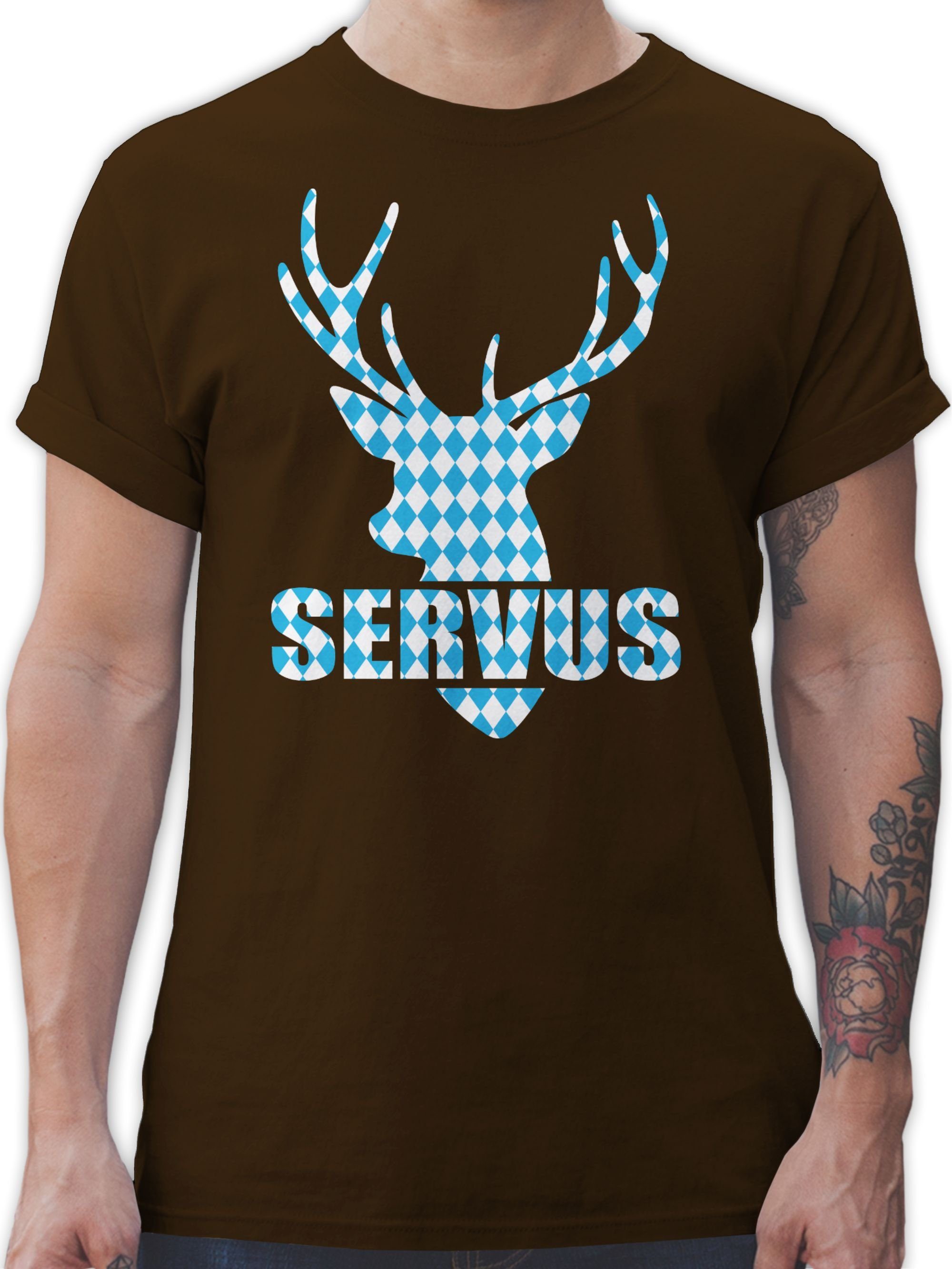 Shirtracer T-Shirt Servus - Hirsch mit bayrischem Muster Mode für Oktoberfest Herren 03 Braun