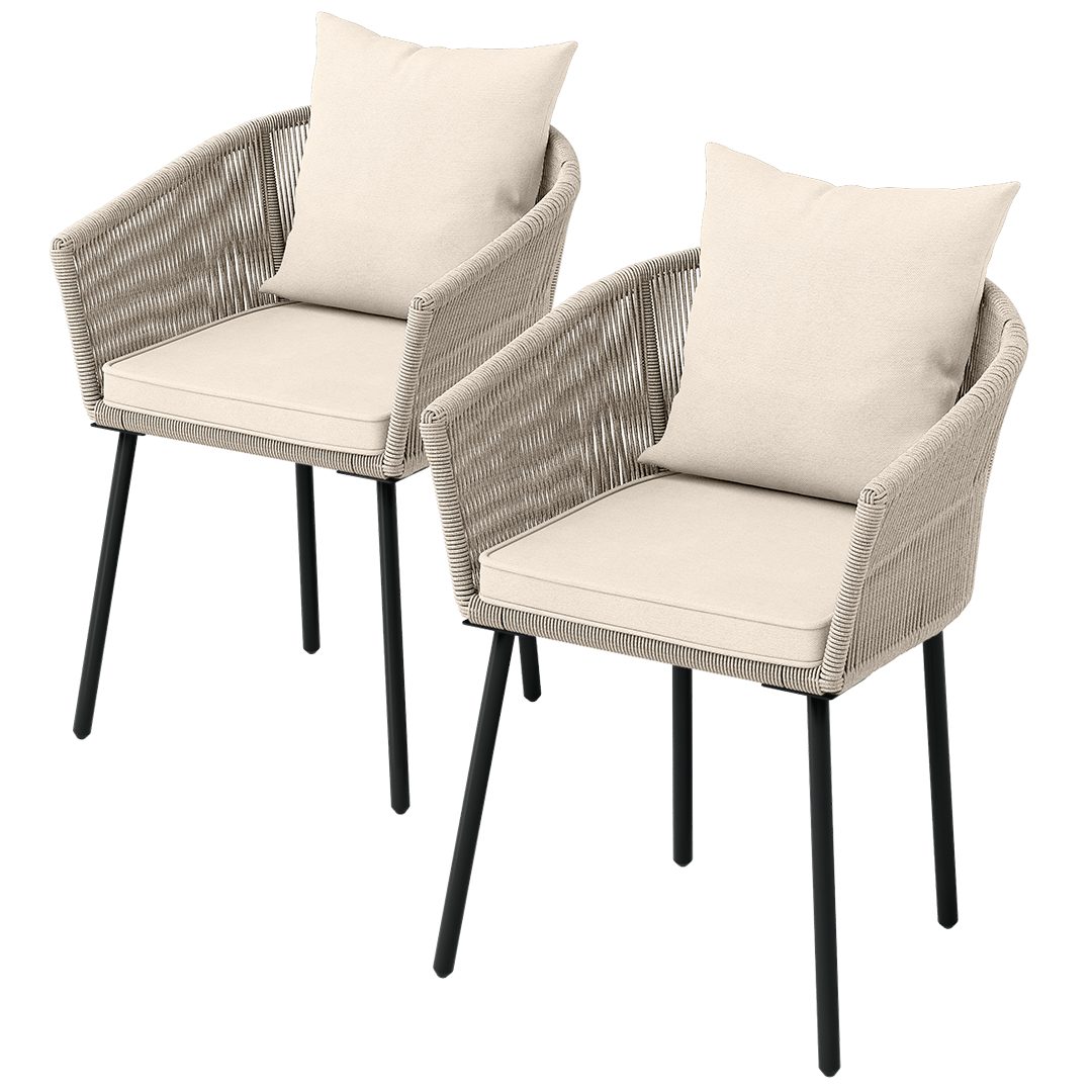 STEELSØN Gartenstuhl Nair mit Sitzauflagen & Kissen (2er Set, beige), Gartensessel aus Polyrattan, elastisches Seilgeflecht, wetterbeständig