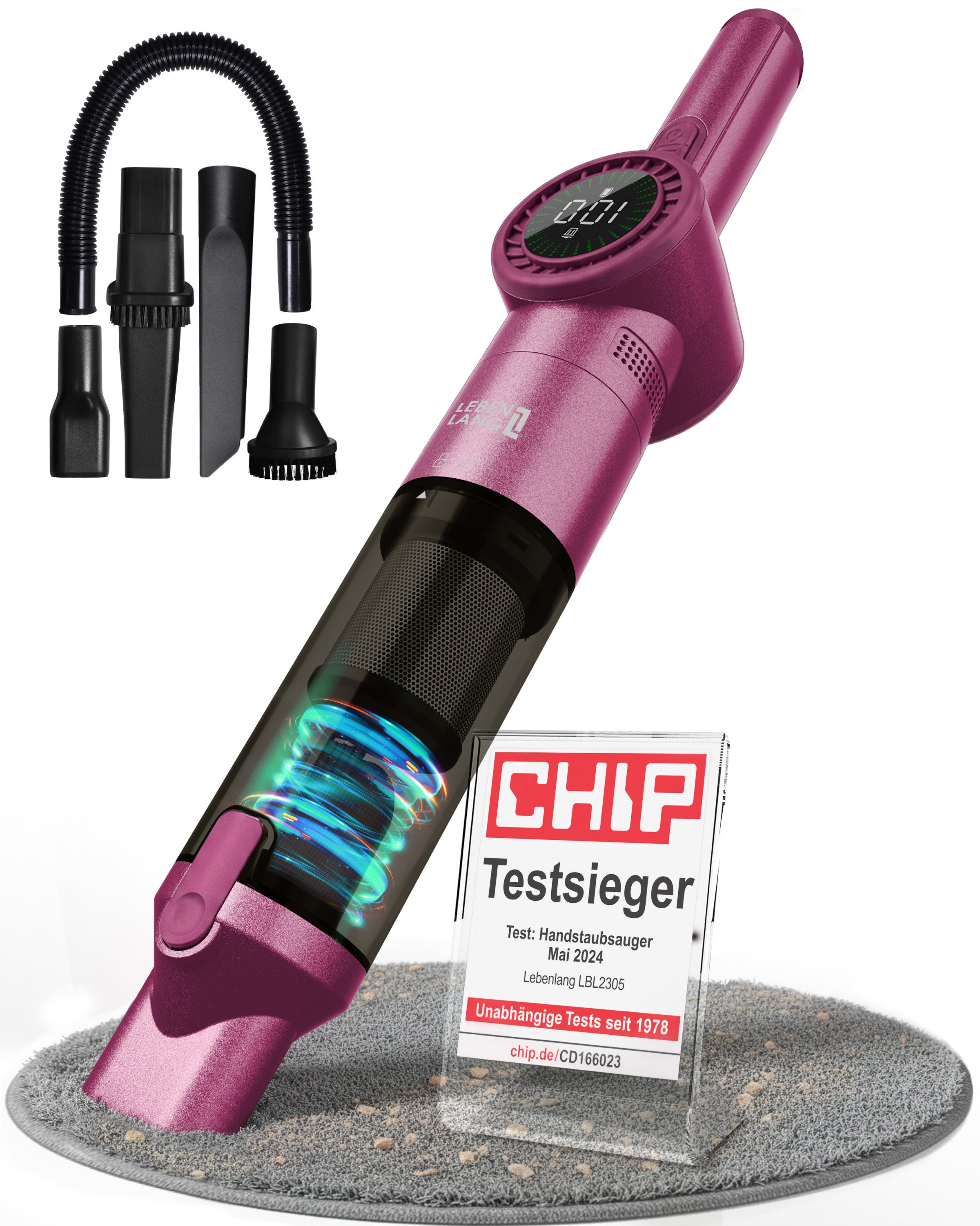 Lebenlang Akku-Handstaubsauger Kabellos - Kompakter Akkustaubsauger I, 135,00 W, I Beutellos I, 17000PA mit Zwei Modi Option & Innovativem Display I Inkl Viel Zubehör