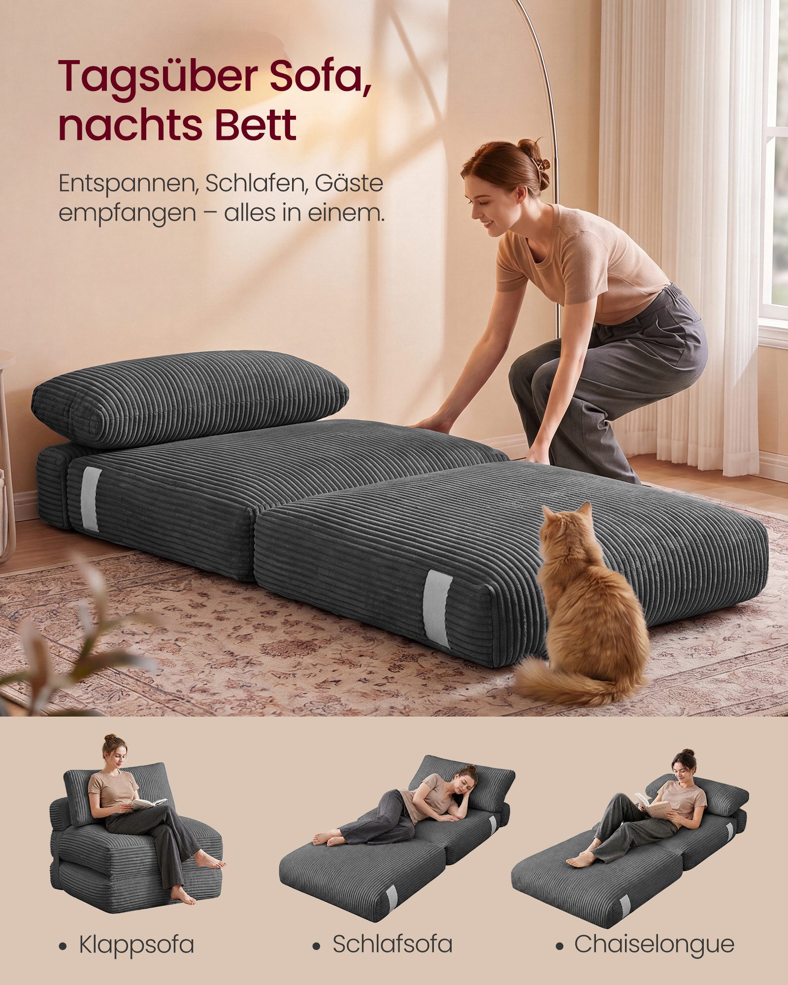 VASAGLE Schlafsofa Schlafsessel aus Cord und Schaumstoff, Faltbares Sofabett mit Kissen, 89 x 89 x 78 cm / 89 x 195 x 43 cm