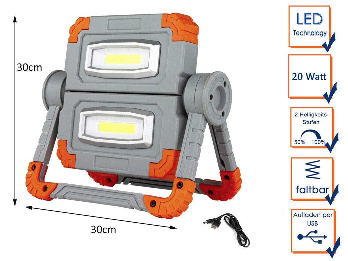 REV Handleuchte, LED Baustrahler Akku Powerbank & USB Ladekabel, flache Werkstattlampe