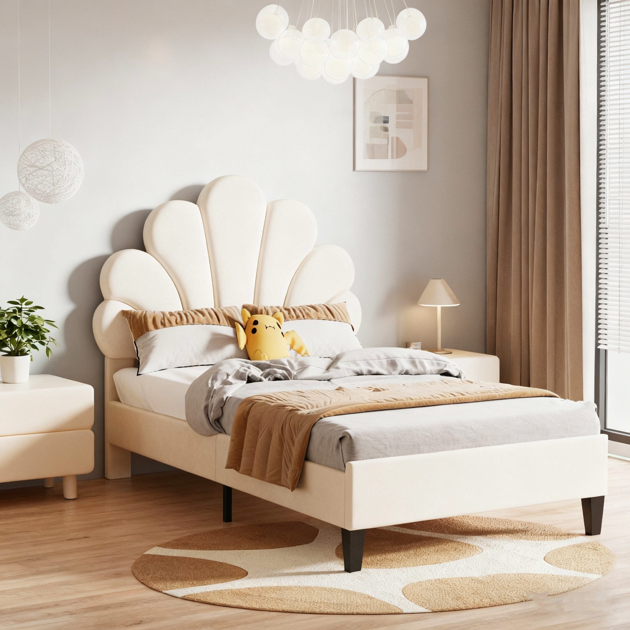 Simurq Einzelbett Polsterbett 90x200, Jugendbett, Einzelbett, Bettgestell, Gästebett, Mit Lattenrost, Blütenblattförmiges Kopfteil, Samt