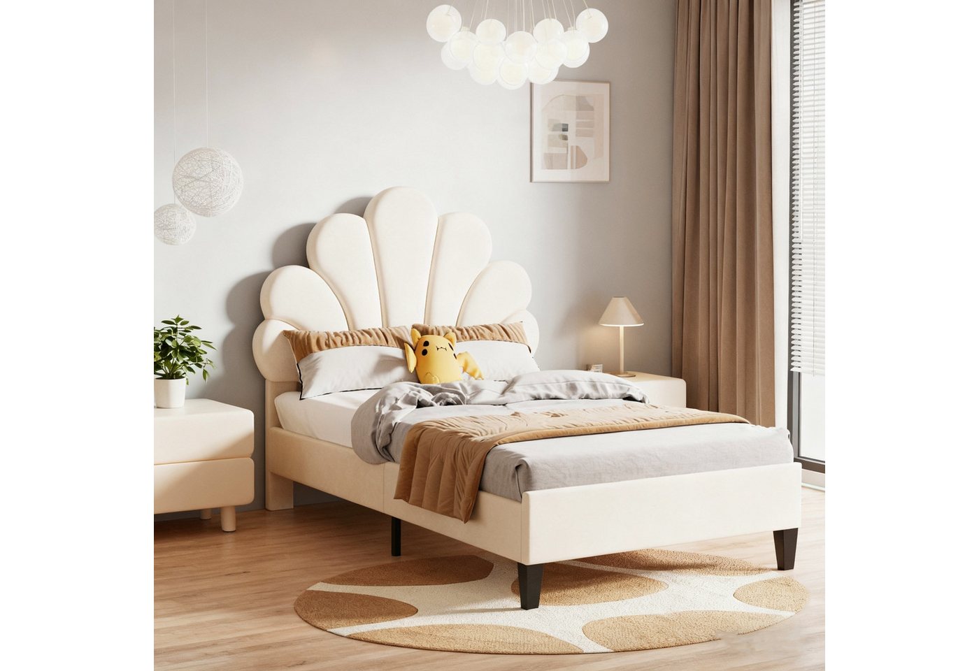 Simurq Einzelbett Polsterbett 90x200, Jugendbett, Einzelbett, Bettgestell, Gästebett, Mit Lattenrost, Blütenblattförmiges Kopfteil, Samt