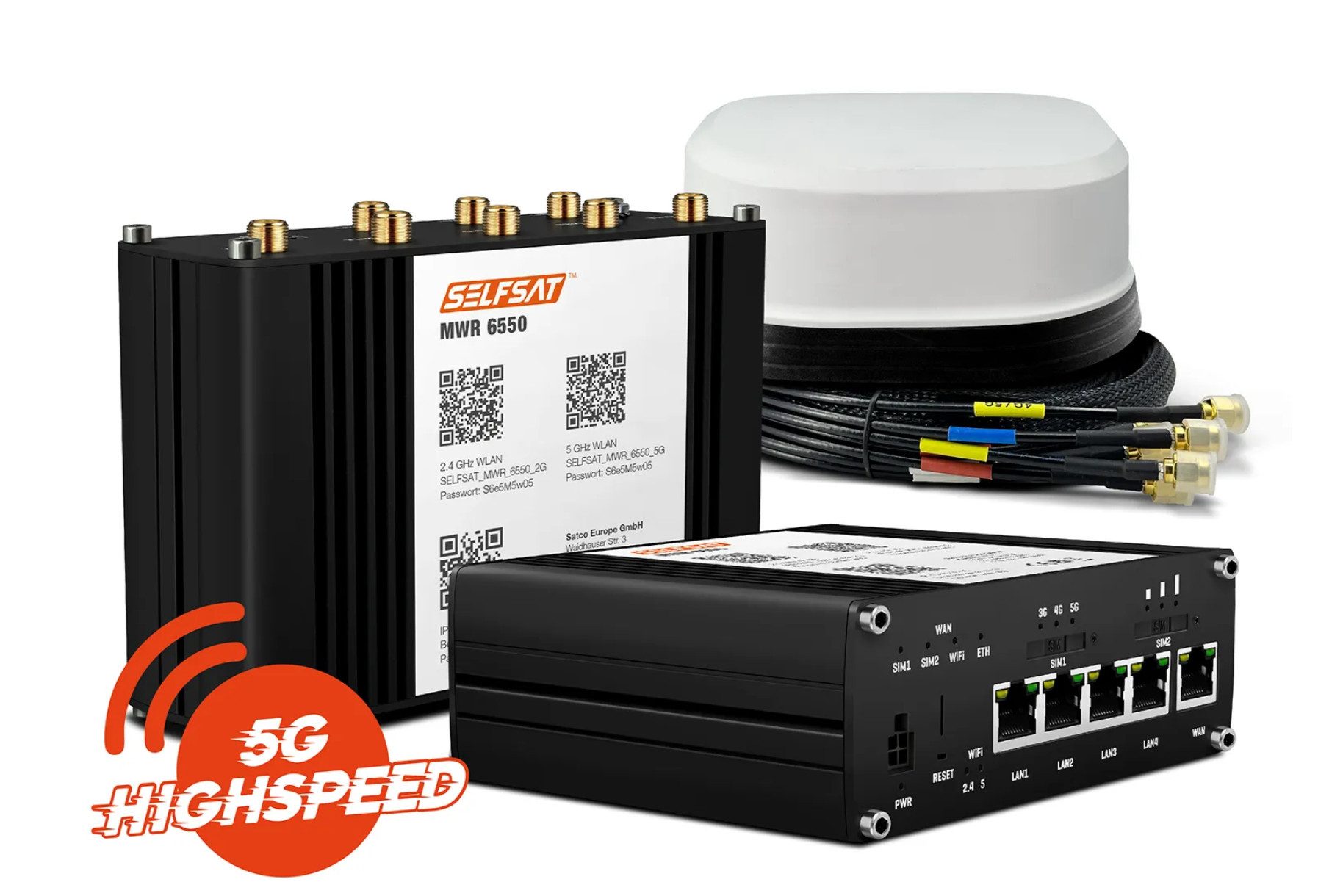 Selfsat MWR 6550 5G Cat 20 WiFi 6 WLAN Router bis 3,4 Gbps + SATCO 5G Antenne Mobilfunkantenne