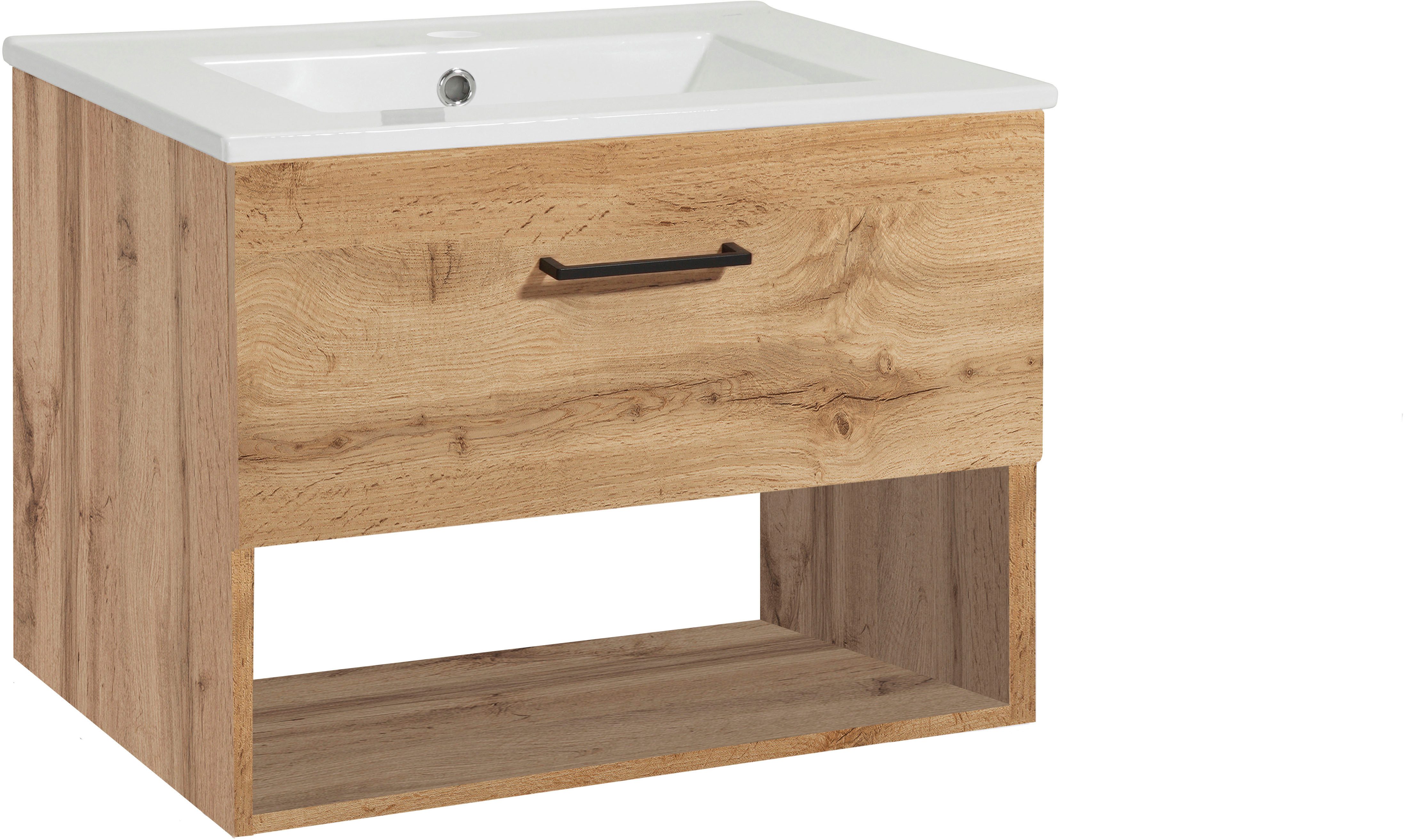 welltime Waschtisch Trento Light mit Keramik-Auflagebecken, 1 Auzug und 1 offenes Fach, Breite: 61cm, Wotaneiche