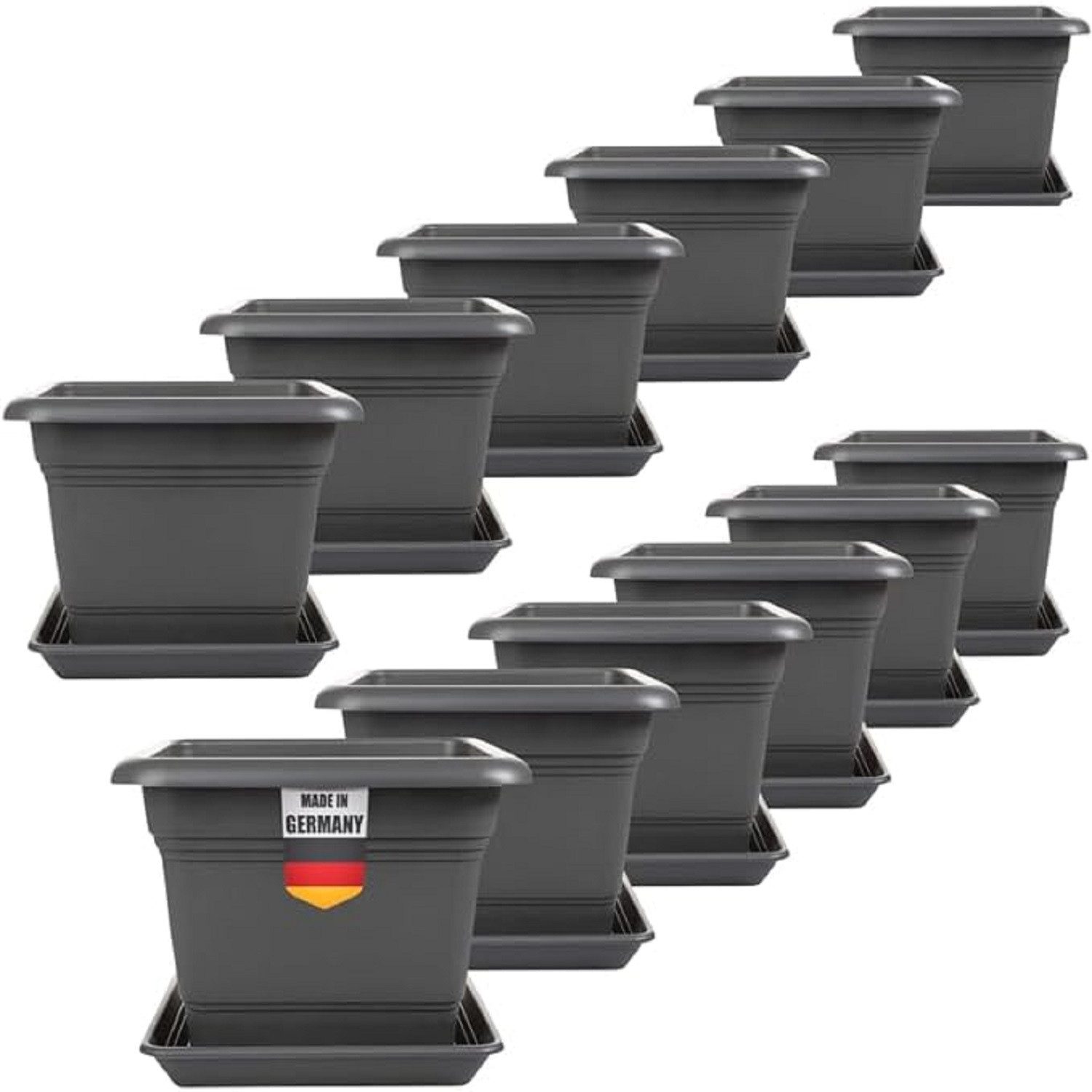 SUSTANIA Blumentopf Pflanzkübel Groß Außen mit Untersetzern (12er Set 40x40cm), Anthrazit Blumentopf Gross