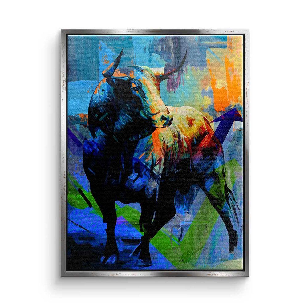 DOTCOMCANVAS® Leinwandbild, Premium Leinwandbild - Motivation - Colorful Bull - Trading silberner Rahmen