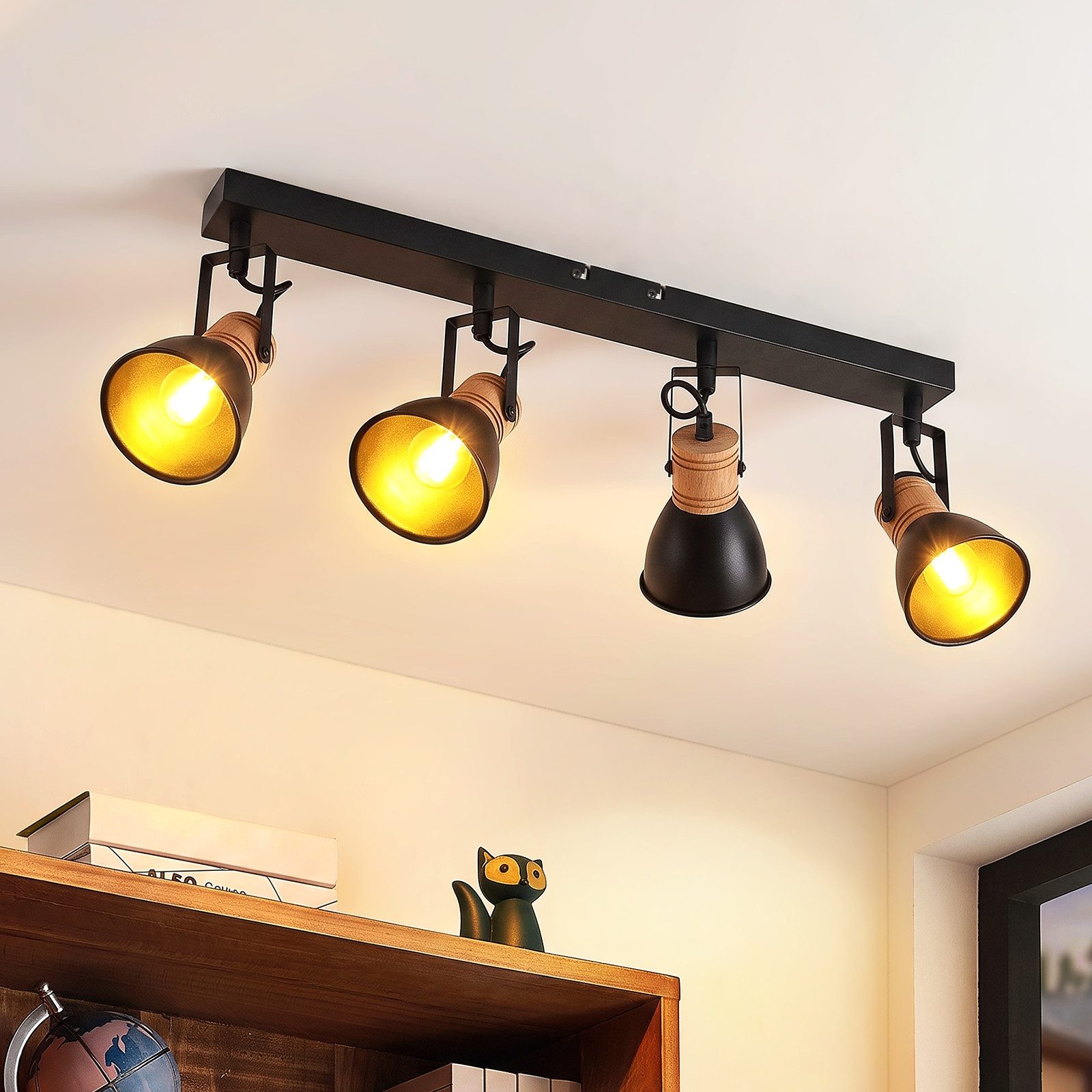 Nettlife Deckenstrahler 1/2/3/4 flammig schwarz E14 Vintage Spots aus Metall Holz industrielle, ohne Leuchtmittel, für Flur Küche Wohnzimmer Schlafzimmer