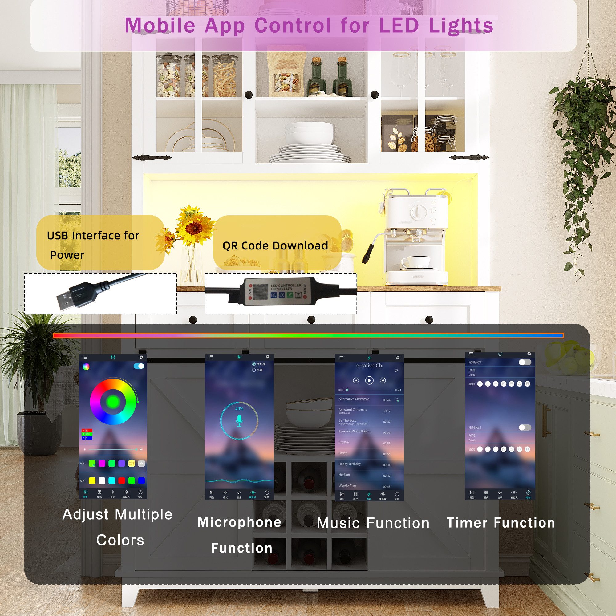 kowdom Küchenbuffet Hochschrank mit LED, App-Steuerung, Glastüren, 105x38x180 cm (Hochschrank, Einzelschrank mit LED-Beleuchtung) Hochschrank, LED-Beleuchtung, App-Steuerung, Glastüren, 180 cm