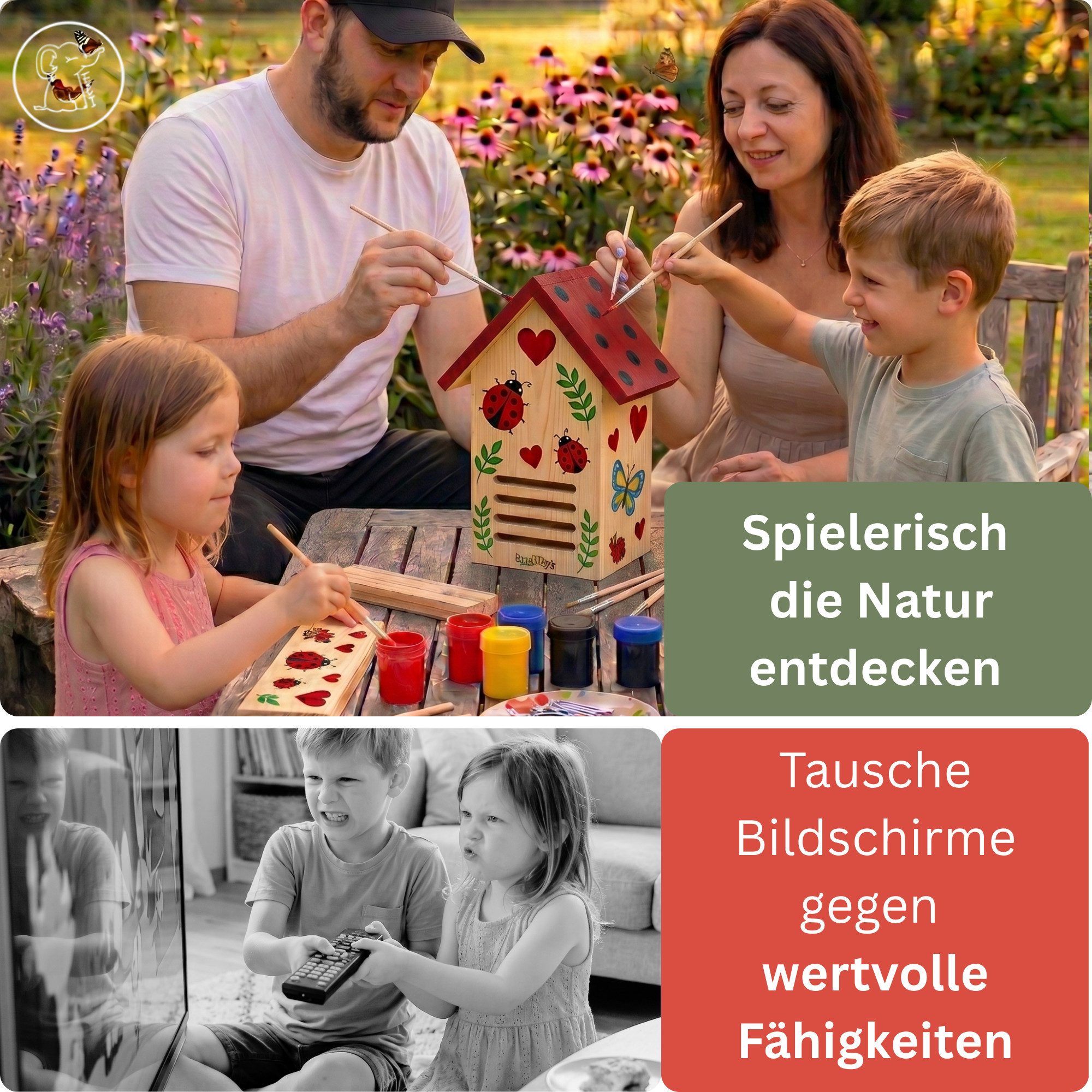 Eli Insektenhotel Marienkäferhaus Bausatz für Kinder aus Kiefernholz zum Bemalen, (inkl. 6 Farben - Pinsel - Hammer - Nägel, Schablonen & Vorlagen und Füllmaterial), DIY Marienkäferhotel für Garten & Balkon