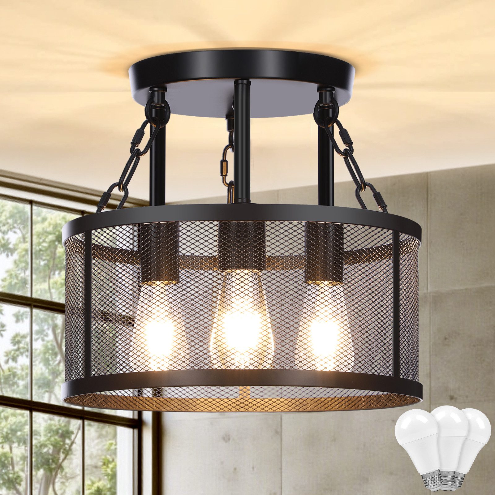 Rosnek LED Pendelleuchte Industrielle Pendelleuchte Dimmbar, E27, Metall-Gitterdesign, Halogen, Ø30 cm Pendelleuchte für Wohnzimmer, Küche, Esszimmer & Schlafzimmer
