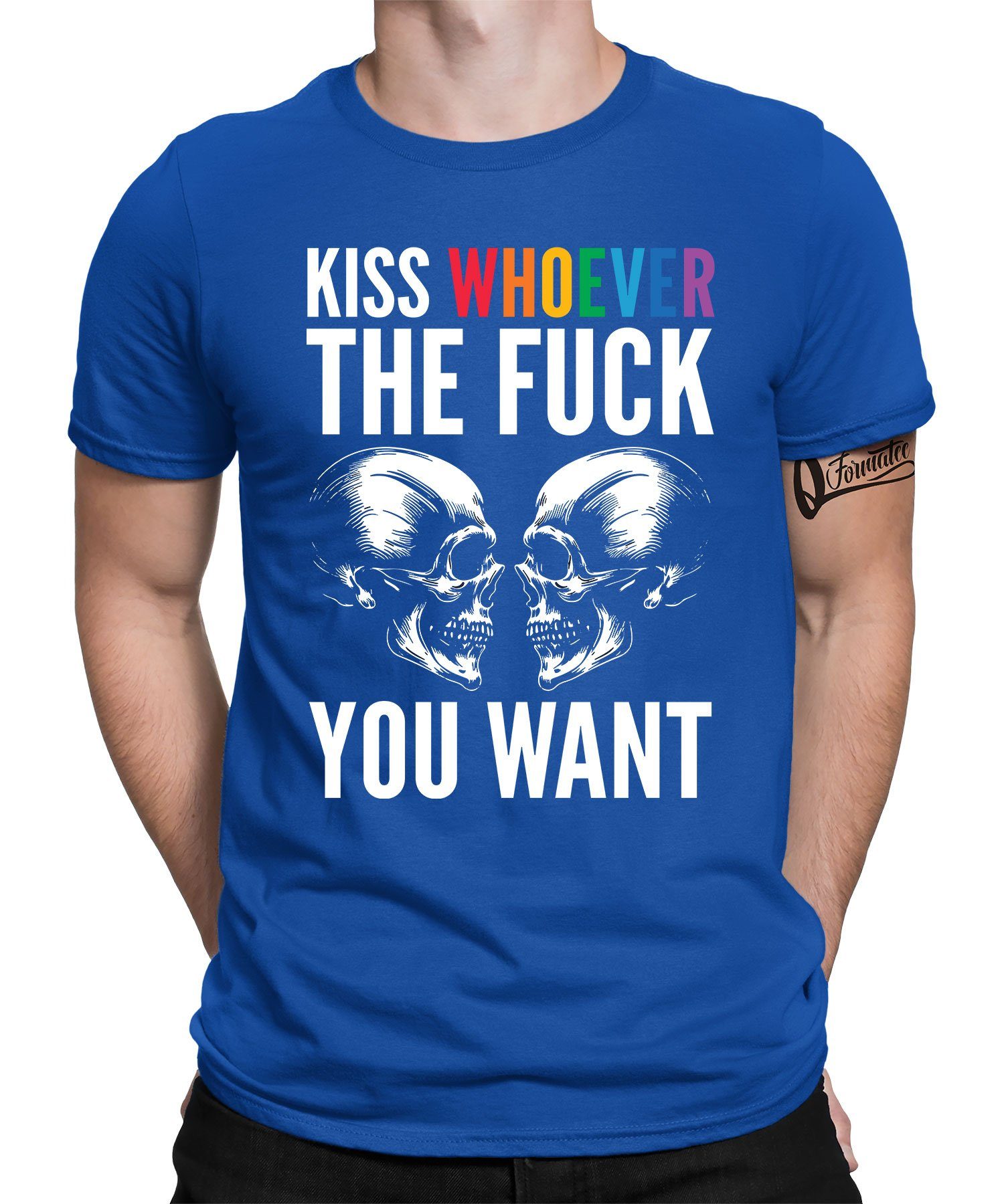 Quattro Formatee Kurzarmshirt Kiss LGBT Totenkopf - Weihnachten X-mas Weihnachtsgeschenk Herren (1-tlg) Blau