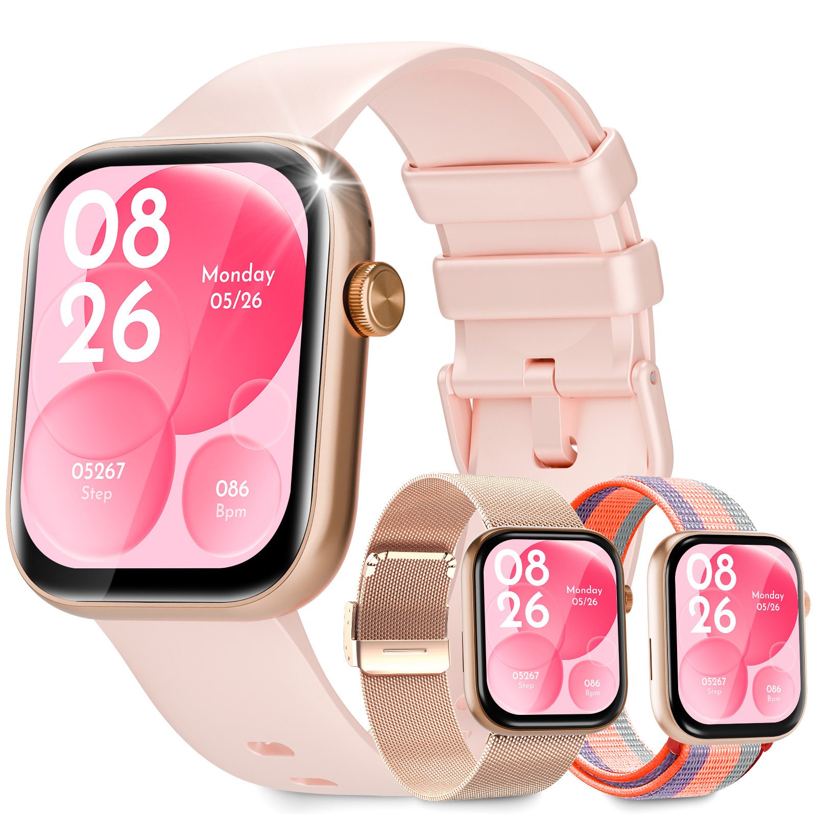 Yuede Smartwatch Damen Herren, Feine Fitness Uhr mit Anruffunktion Smartwatch (Kratzfestes Voll Touch Farbdisplay cm/1.93 Zoll) Uhren mit drei Armbändern. Gesundheits-Uhren mit SMS-Benachrichtigung, Blutsauerstoff, Blutdruckmessung, Herzfrequenz, Schlafqualität, Schrittzähler, AI Voice und Musiksteuerung etc., IP67 Wasserdichte Sportuhr mit 150+ Trainingsmodi, Erhältlich für IOS und Android.