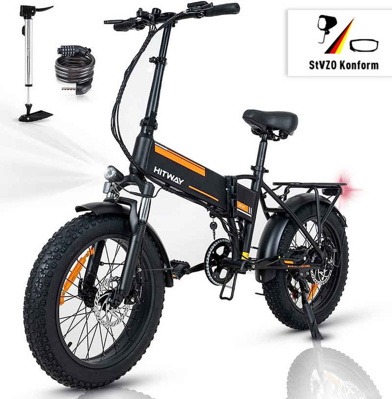 HITWAY E-Bike faltbares MTB 20" x4,0 Fat Tire, 36v/12 Ah Elektrofahrrad Shimano, 7 Gang Shimano Altus Schaltwerk, Kettenschaltung, Heckmotor, 432 Wh Akku, Damen/Herren, +Fahrradpump-Schloss,StVZO,E-Mountainbike