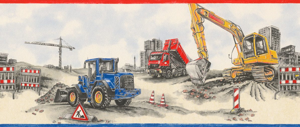Rasch Papiertapete Bagger & Baustelle - Vliestapete Beige Schwarz Blau Rot, Kindlich, (1 Rolle, 1 St., 5 m x 0,255 m), gute Lichtbeständigkeit, waschbeständig, naß zu entfernen