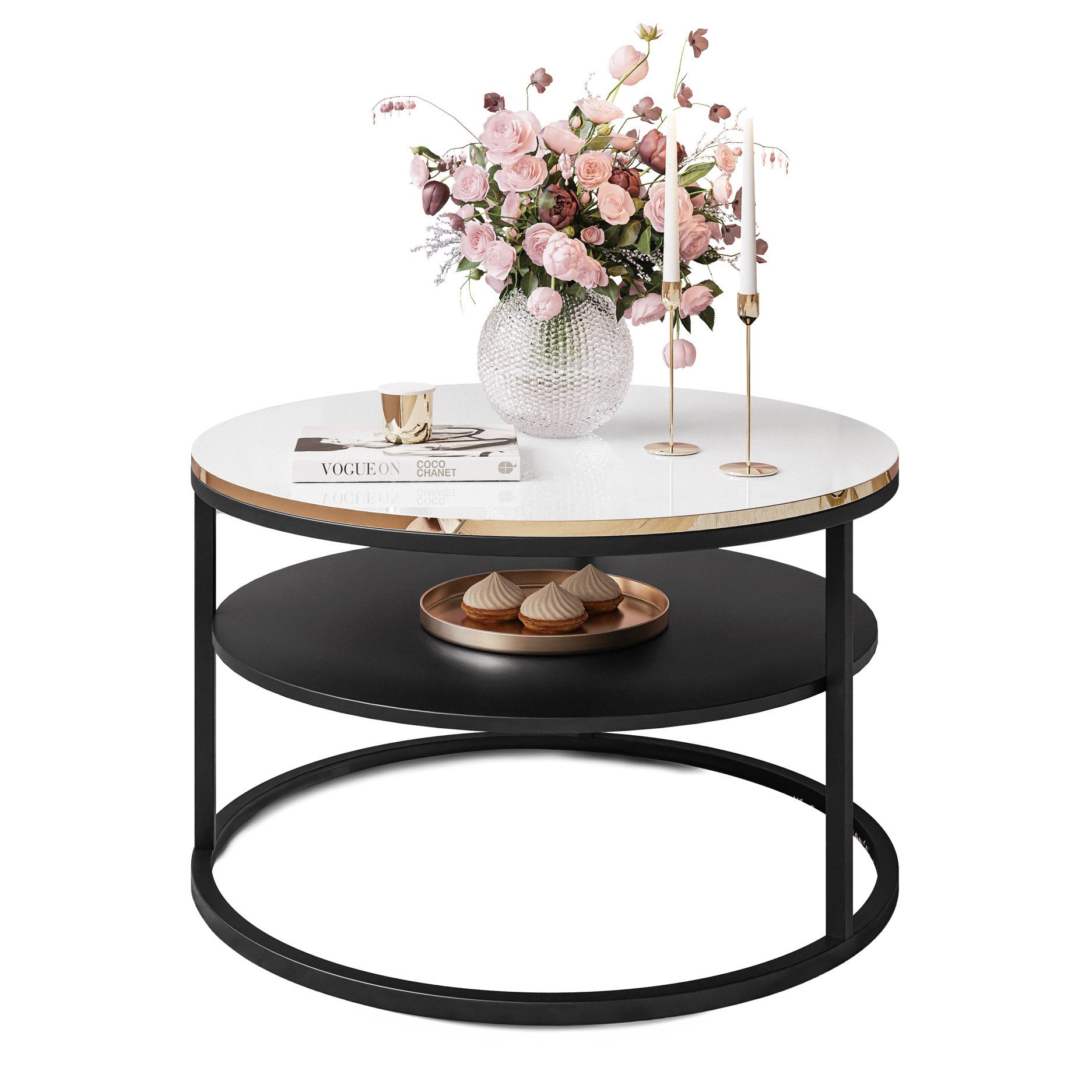 Lookway Couchtisch COREIL HOCHGLANZ Runder Couchtisch mit Ablage (1 Tisch), Durchmesser: ⌀70 cm