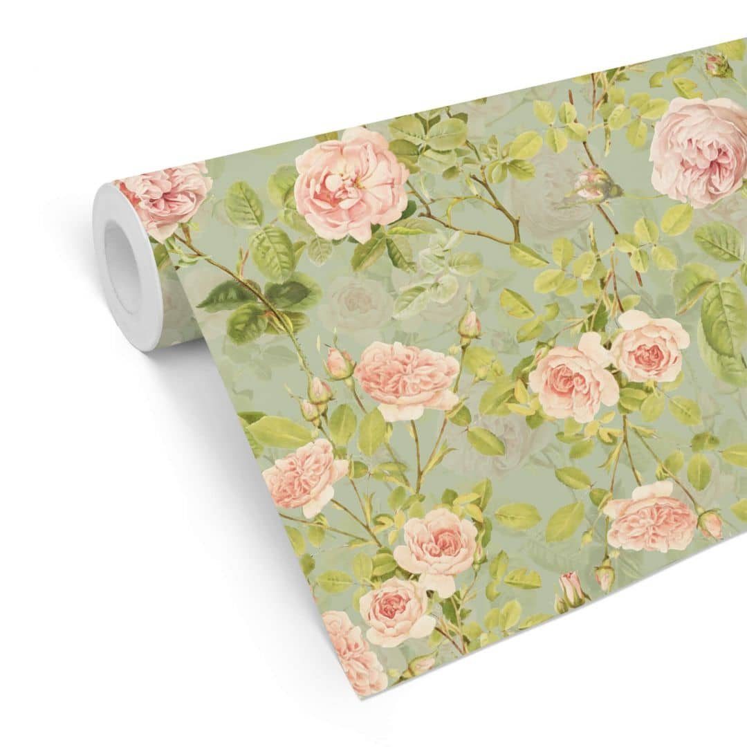 K&L Wall Art Mustertapete Pfingstrosen Mustertapete Rosa Rosen Blumentapete Florale Vliestapete, Rosengarten Tapete