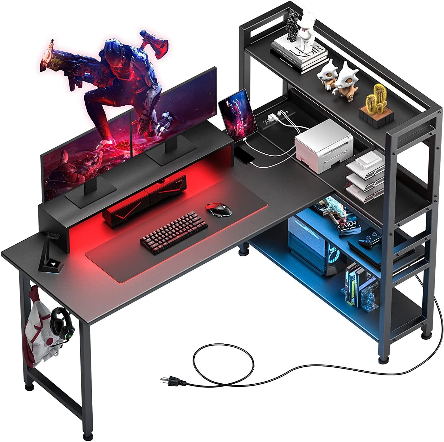 GTPLAYER Eckschreibtisch Gaming Tisch Computertisch Bürotisch mit 4 Ablagen Netzsteckdose, 55 Zoll Schreibtisch mit Monitorständer und eingebaute LED-Lichter schwarz