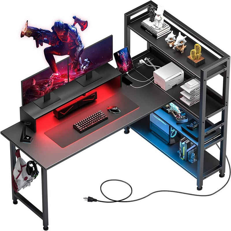 GTPLAYER Eckschreibtisch Gaming Tisch Computertisch Bürotisch mit 4 Ablagen Netzsteckdose, 55 Zoll Schreibtisch mit Monitorständer und eingebaute LED-Lichter
