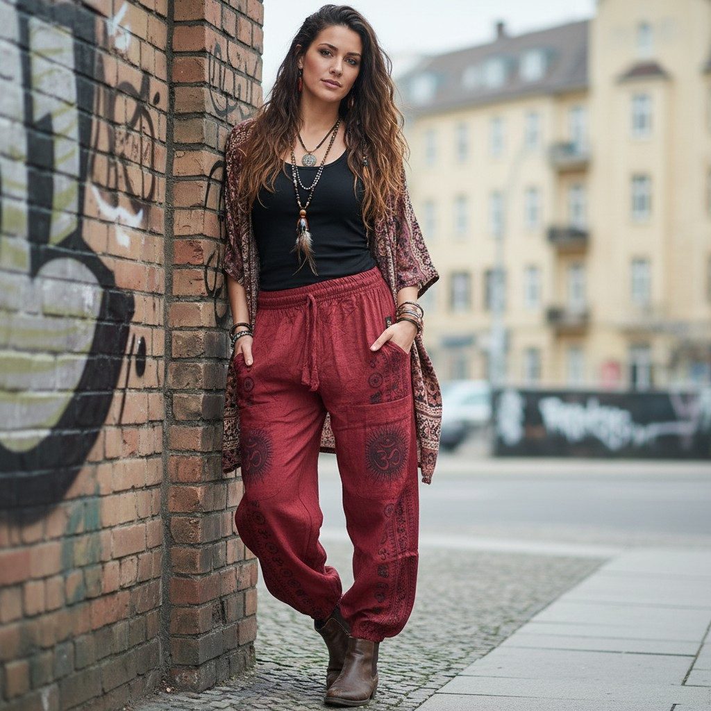 Guru-Shop Relaxhose Yogahose, Unisex-Baumwoll-Goa-Hose mit Druck -.. Retro, alternative Bekleidung, Goa Style