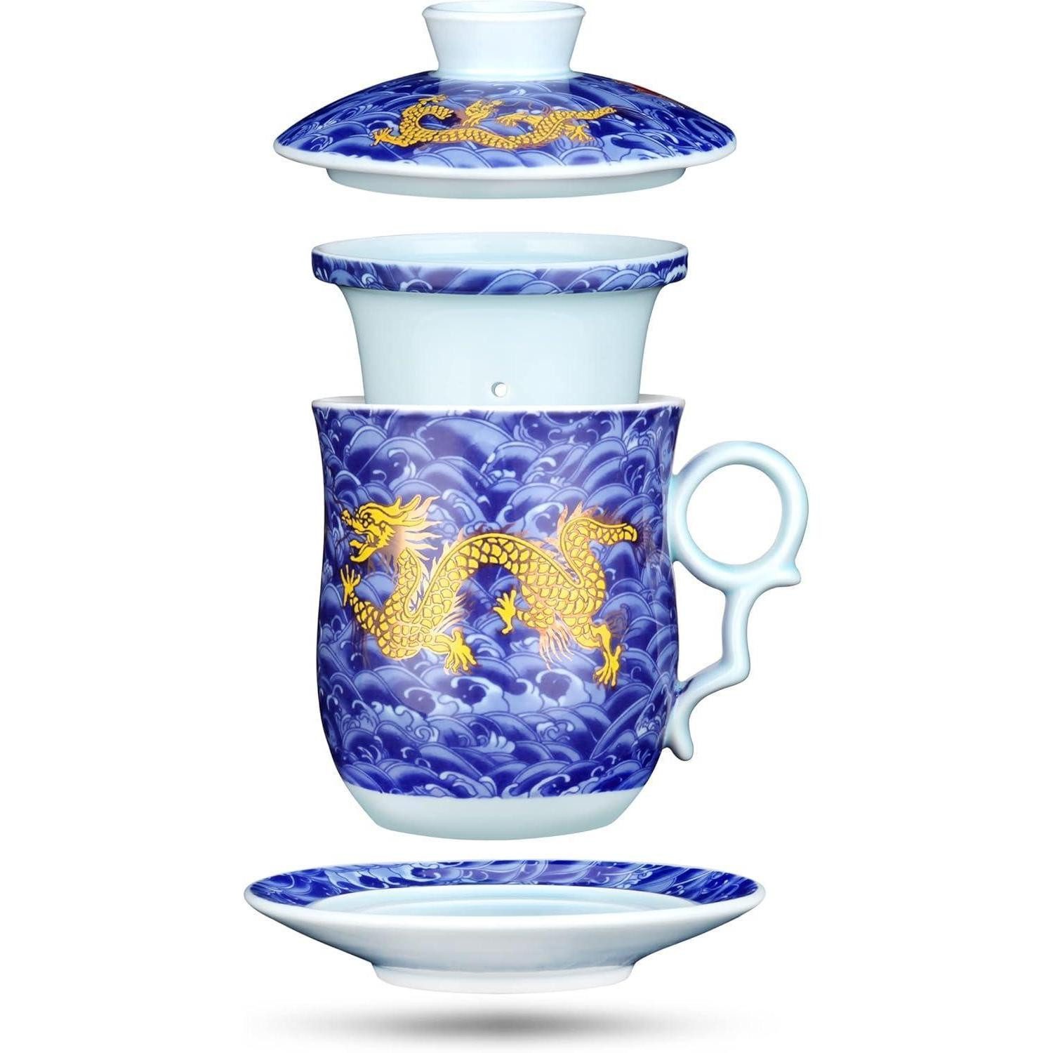 YURROAD Tasse Chinesische Teetasse mit Sieb und Deckel, Drachenmuster, 400ml Blau
