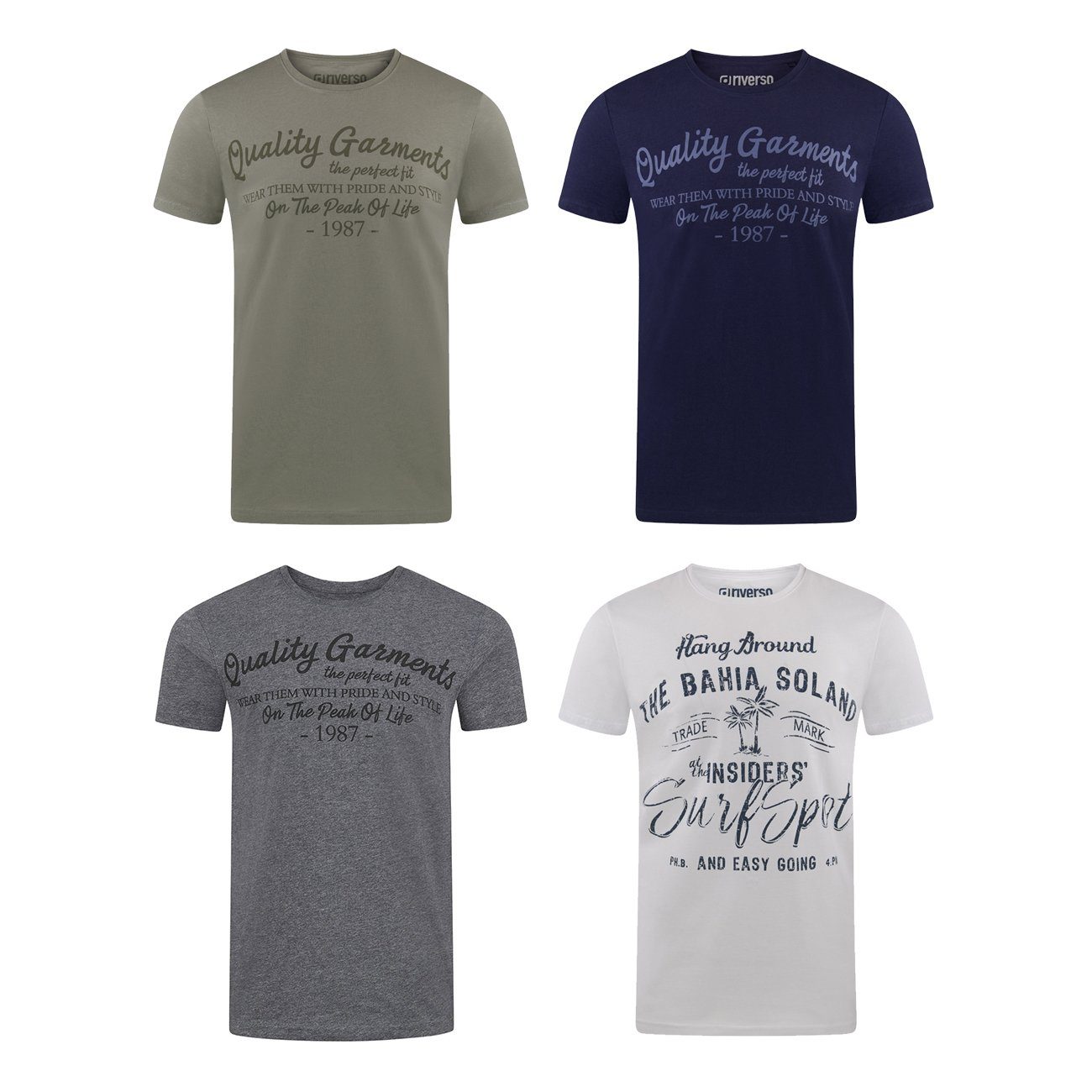 riverso T-Shirt Tee Printshirt Rundhalsausschnitt Shirt Regular (4-tlg) mit RIVLeon 100% aus Herren Kurzarm Pack Baumwolle Fit 16