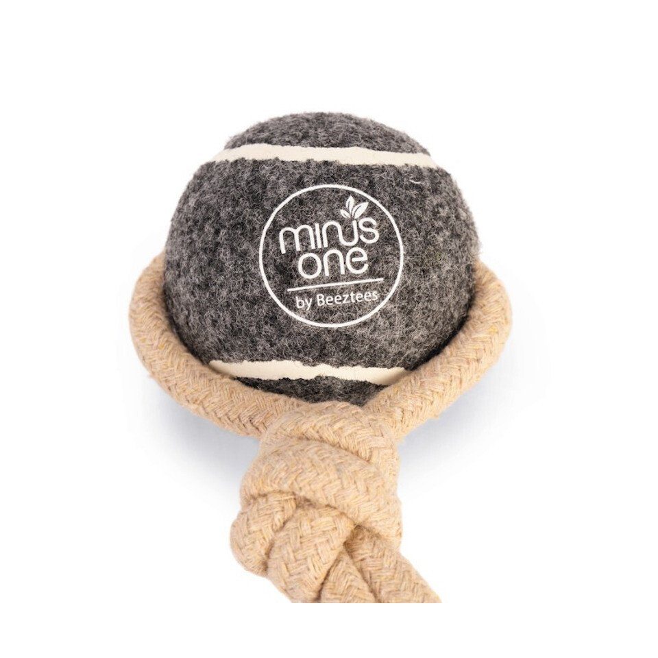 Beeztees Tiertau Minus One Hundespielzeug Tennisball mit Seil und Handschlaufe grau-bei