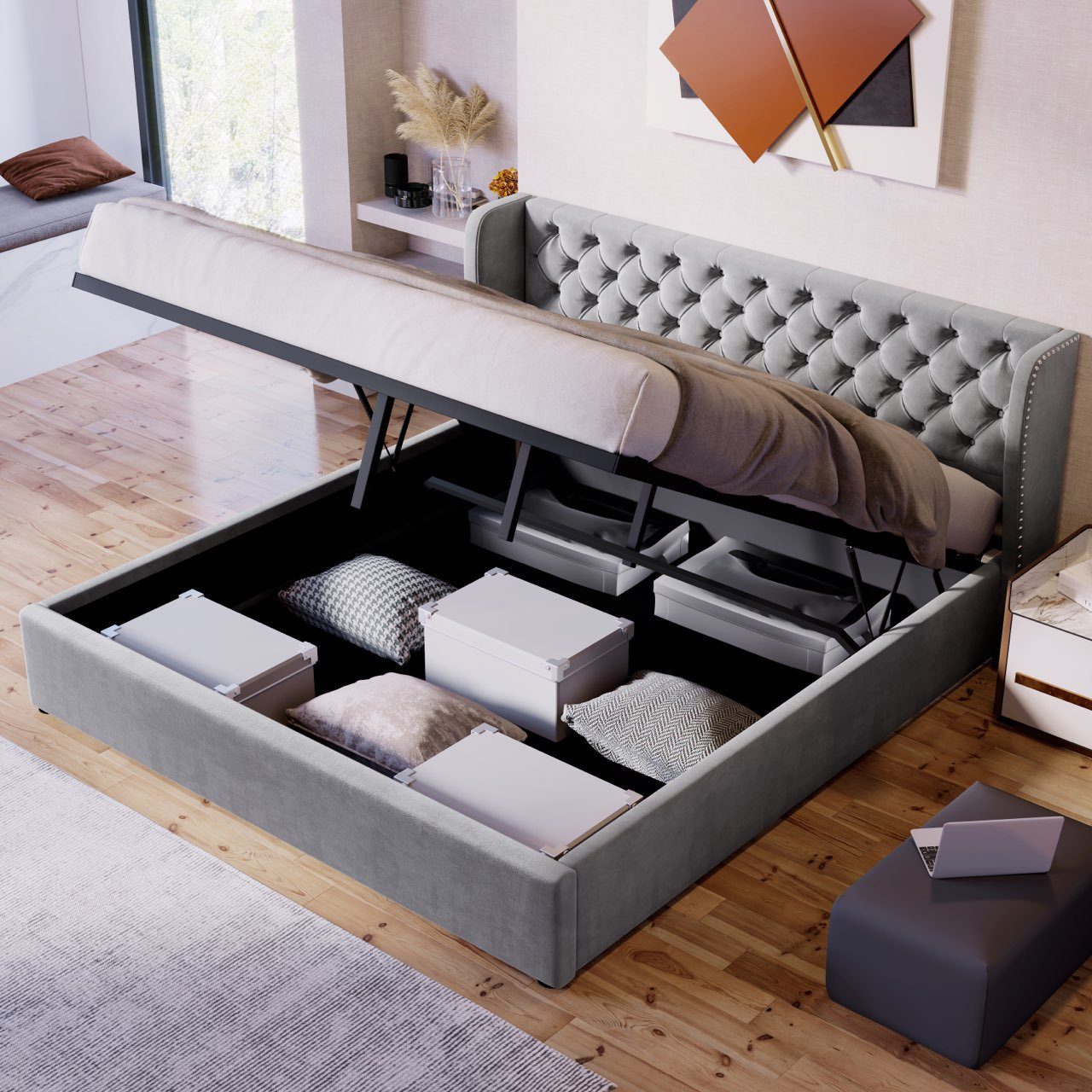 Boxspringbett (Doppelbett Funktionsbett mit Bettkasten und Lattenrost), Polsterbett 180x200 cm Hydraulisches Bett, Samt, Gepolstertes Kopfteil