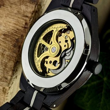 Holzwerk Automatikuhr DELITZSCH Herren Edelstahl & Holz Armband Uhr in schwarz, gold, blau