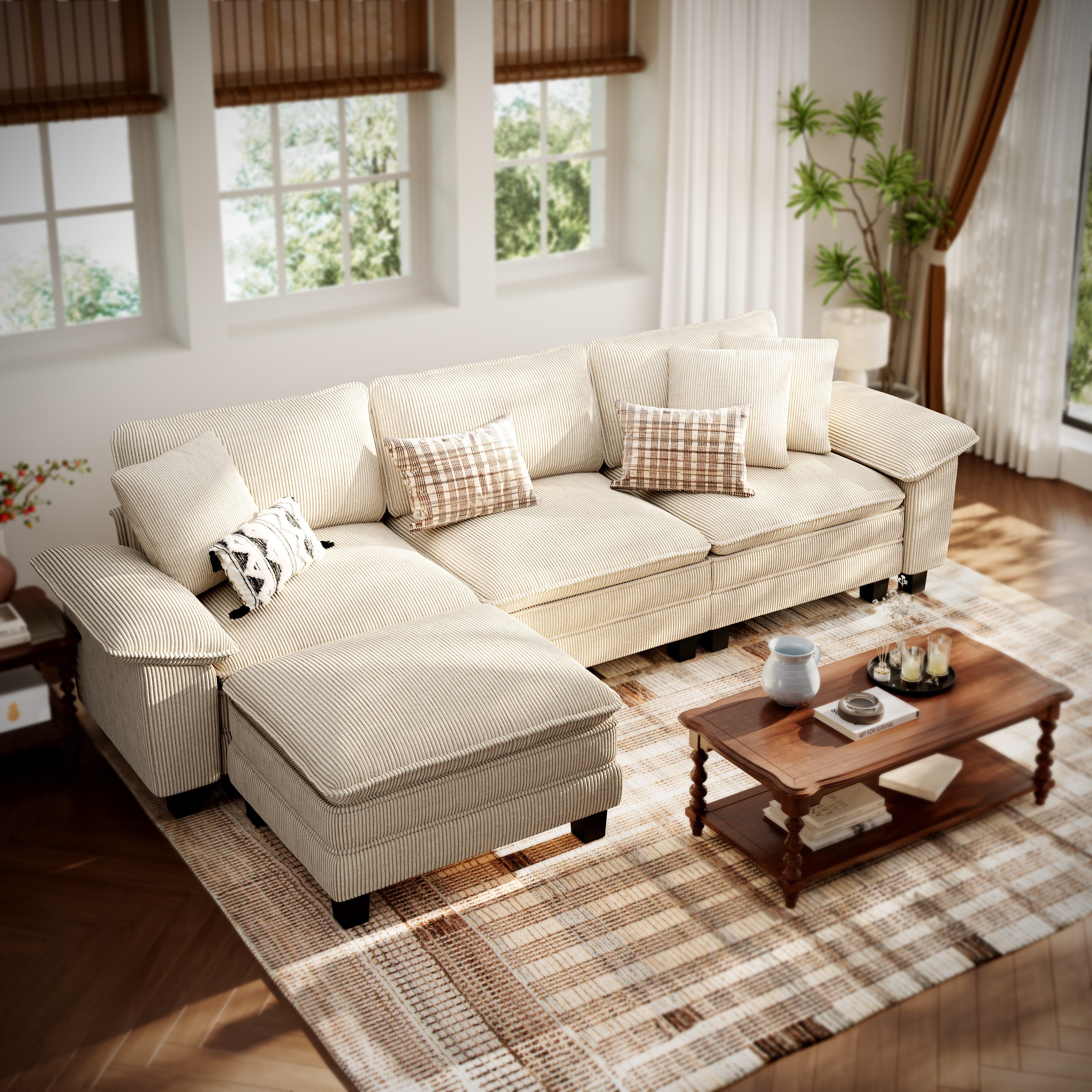 PHI VILLA Ecksofa L-Form Couch, 4-6-Sitzer-Sofa, Modulare Sofas inklusive Zierkissen und Ottomane für das Wohnzimmer