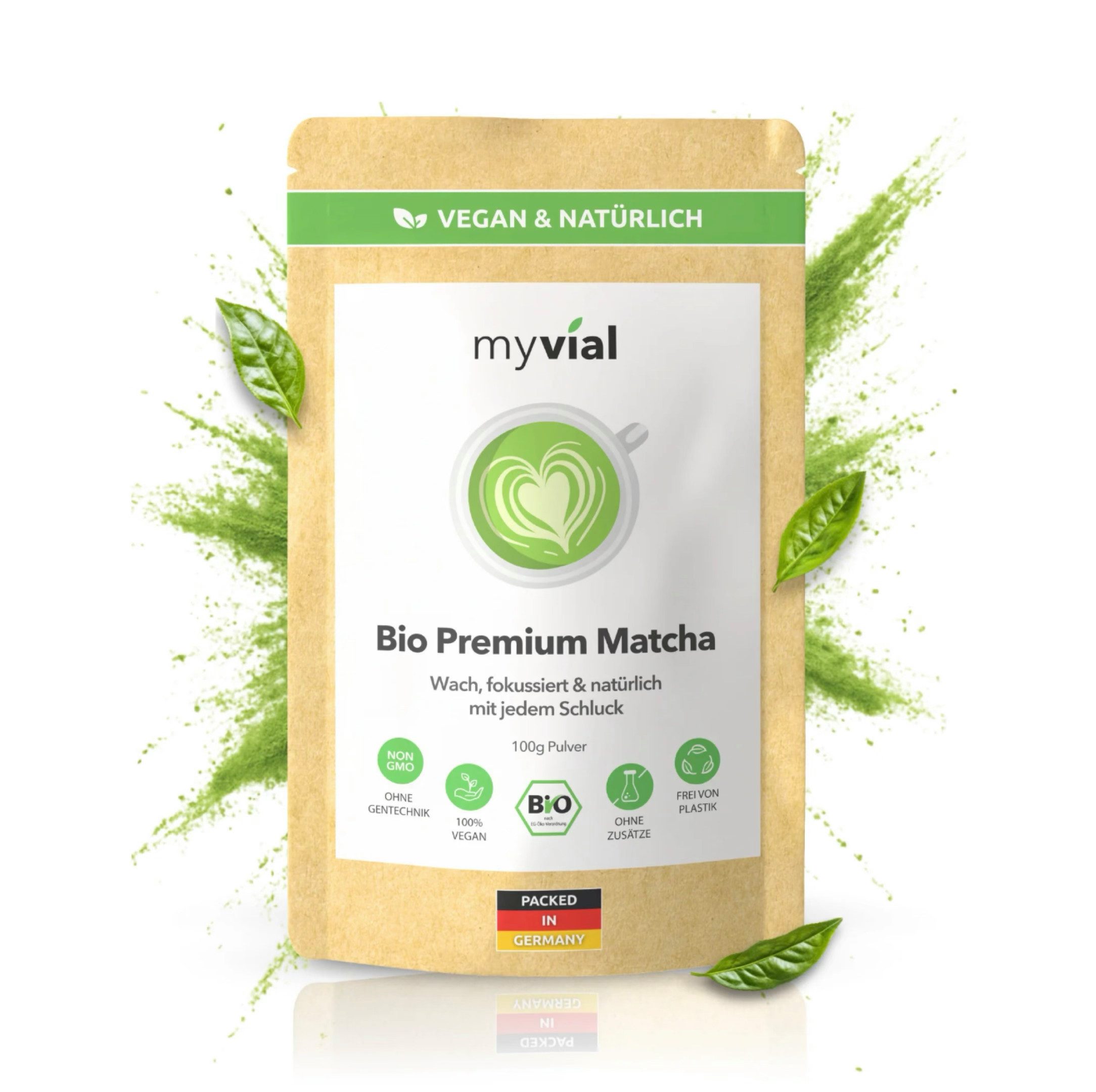myvial Tee Erlesener Premium Bio Matcha Tee aus Japan Kagoshima steinvermahlen, 100 g, (100g, aromatisch, plastikfrei verpackt, vegan), Matcha Pulver, Grüner Tee, traditionell, extra fein gemahlen