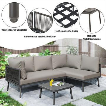 autolock Gartenlounge-Set Garten-Lounge-Set aus Eisen,L-förmiges Gartenmöbel-Set,Lounge-Set, aus Seil mit Sitzkissen,verstellbaren Füßen,2 Sofas und 1 Tisch