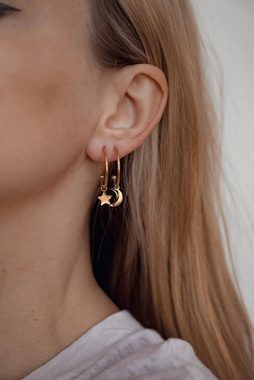 Hey Happiness Paar Ohrhänger Mond Stern Creolen Damen hängend, 18K Gold Roségold, Edelstahl Ohrringe offen rund baumelnd, wasserfest