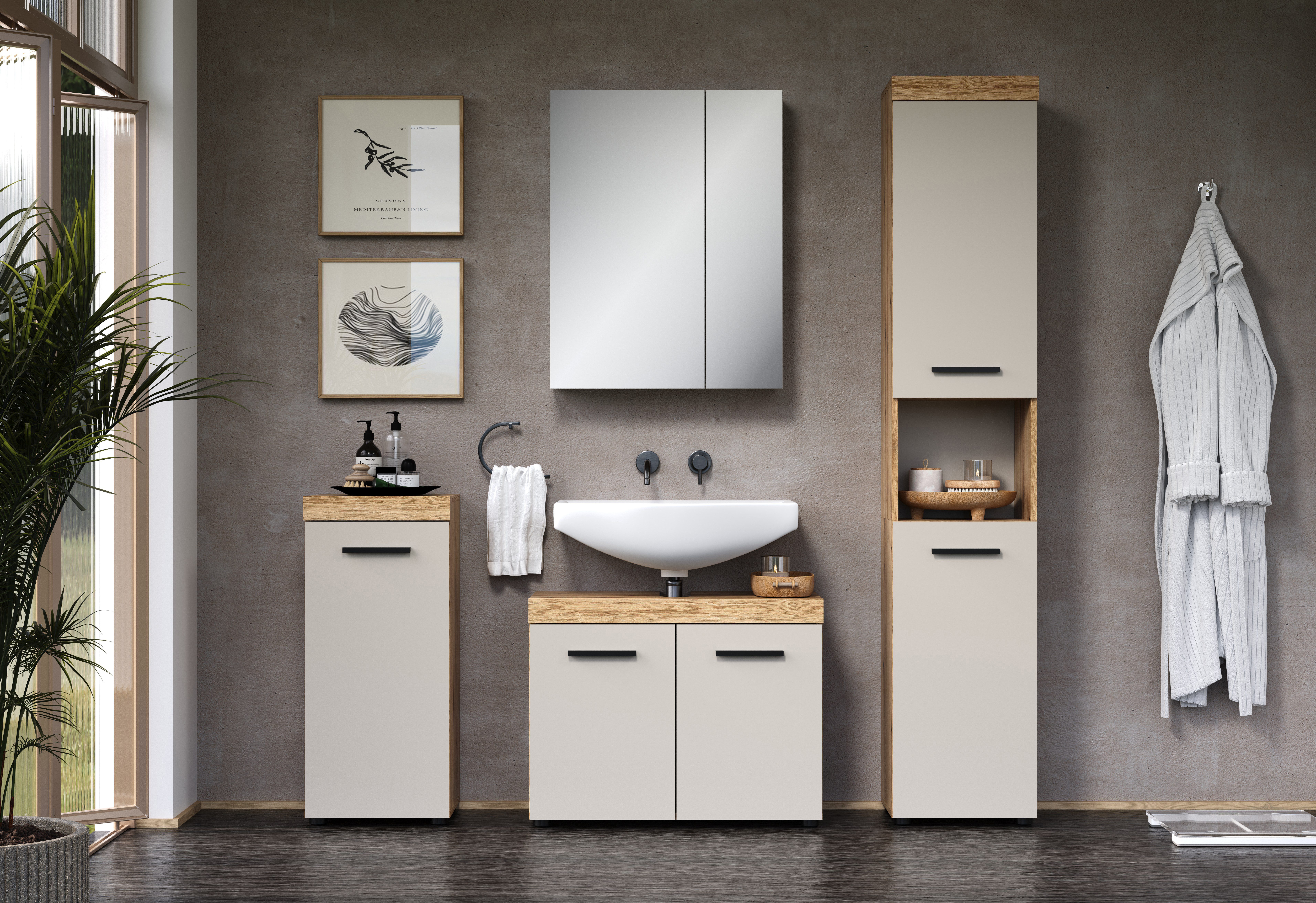 welltime Badmöbel-Set Isera, (4-St), Set mit Hochschrank, Waschbeckenunterschrank, Standtyp, Spiegelschrank