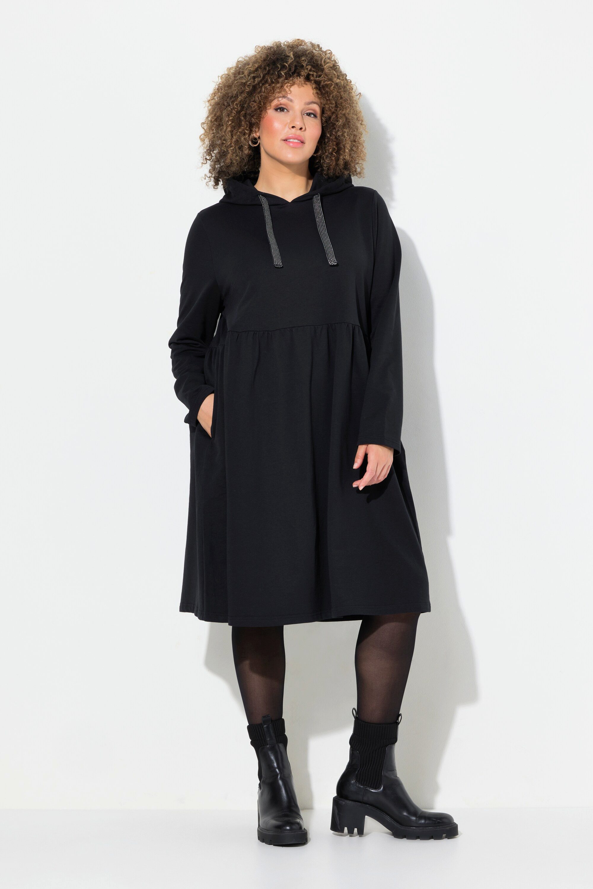 Ulla Popken Midikleid Jerseykleid Kapuze Glitzerband A-Linie Langarm günstig online kaufen