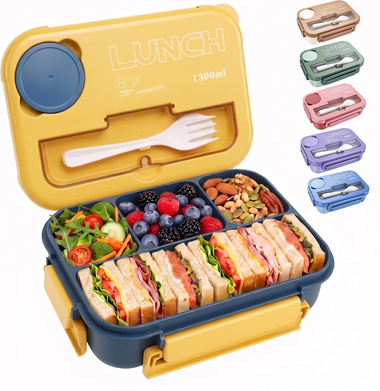 Diwzbyn Lunchbox Bento Box 1300 ml, Lunchbox mit Besteck, Auslaufsicher, BPA-frei mit Saucenfach, Silikondichtung & Besteckfach im Deckel