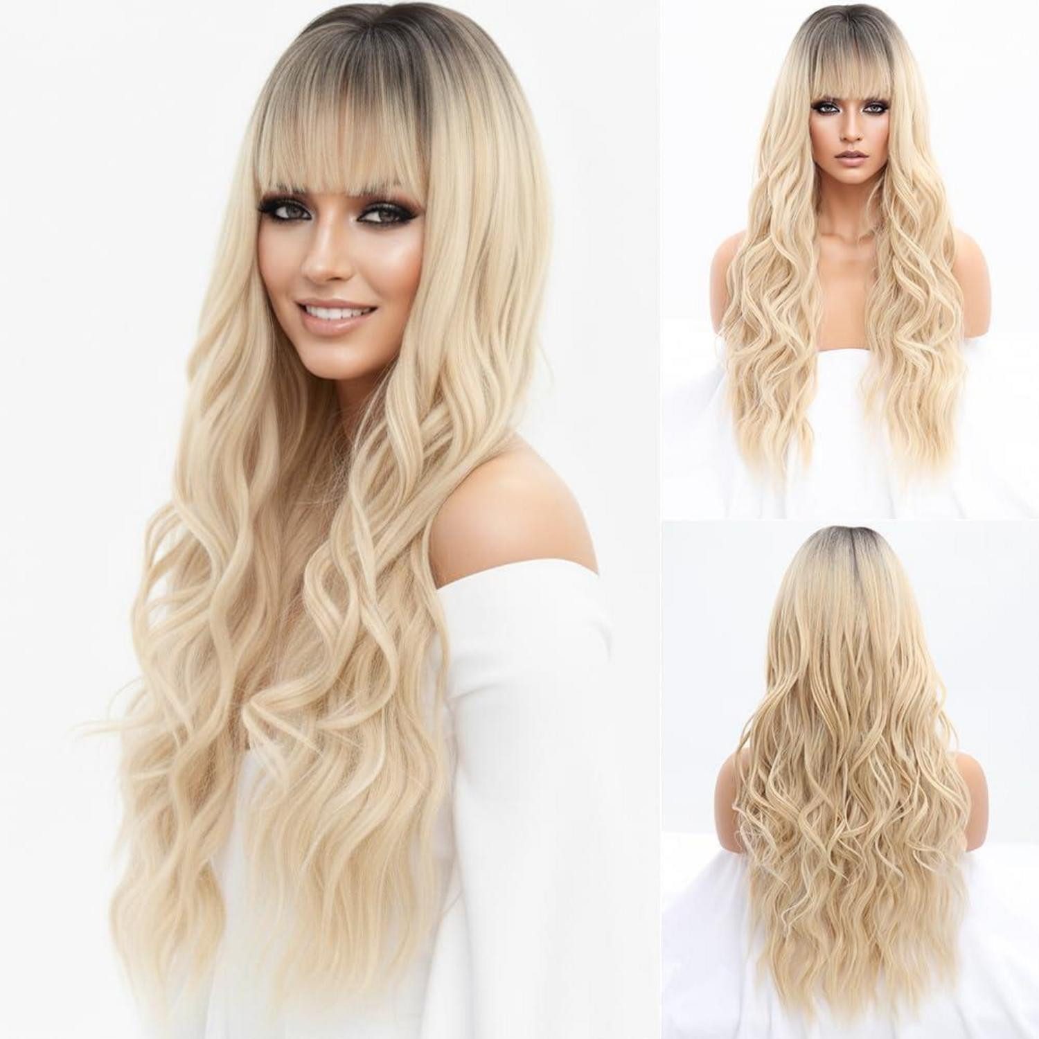 LuxusKollektion Kunsthaarperücke Perücke Lang Blond Gewellt Pony Locken Dunkler Ansatz Ombre Hellblonde