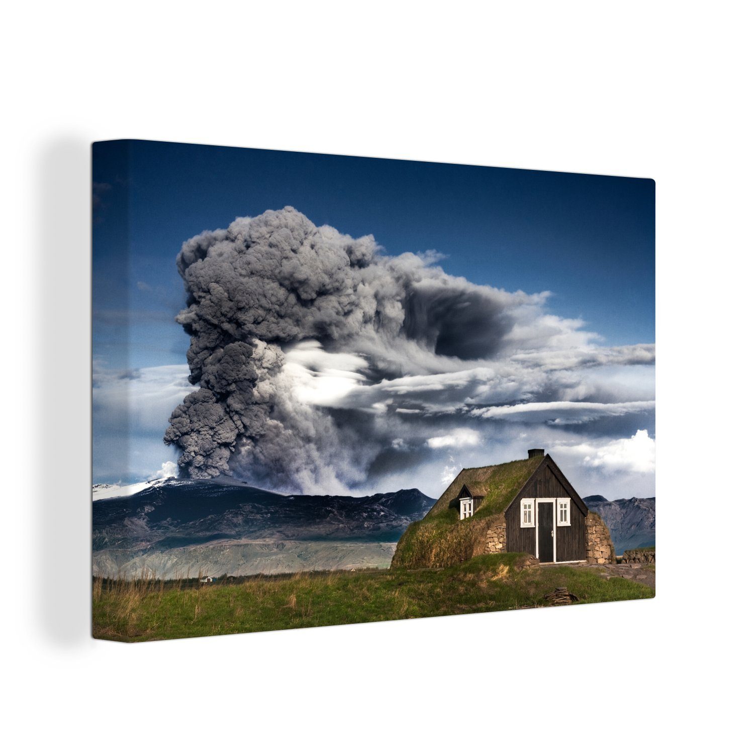 OneMillionCanvasses® Leinwandbild Holzhaus für einen aktiven Vulkan, (1 St), Wandbild Leinwandbilder, Aufhängefertig, Wanddeko, 30x20 cm
