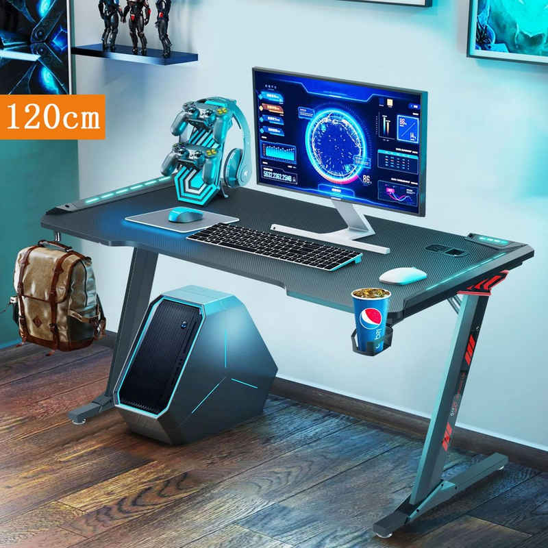 LETGOSPT Gamingtisch Gaming Schreibtisch mit LED, PC Tisch Gaming mit Kohlefaser Oberfläche, Stabiler Computertisch für Gaming mit Kopfhörerhake und Getränkehalter