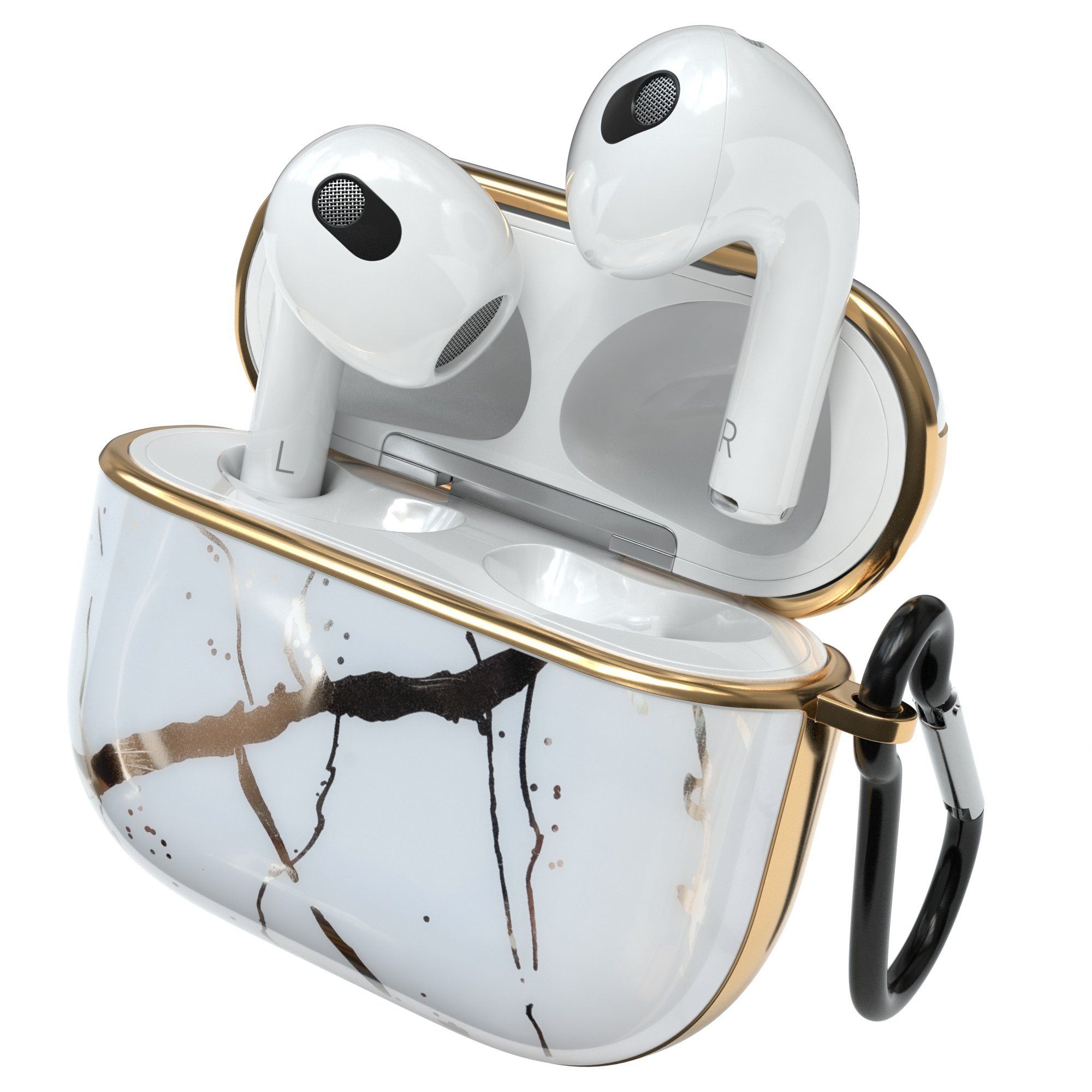 EAZY CASE Kopfhörer-Schutzhülle IMD Motiv Case kompatibel mit Apple AirPods 3, Hardcover Box Schutzhülle Rutschfestes Etui Hülle Stoßfest Weiß / Gold