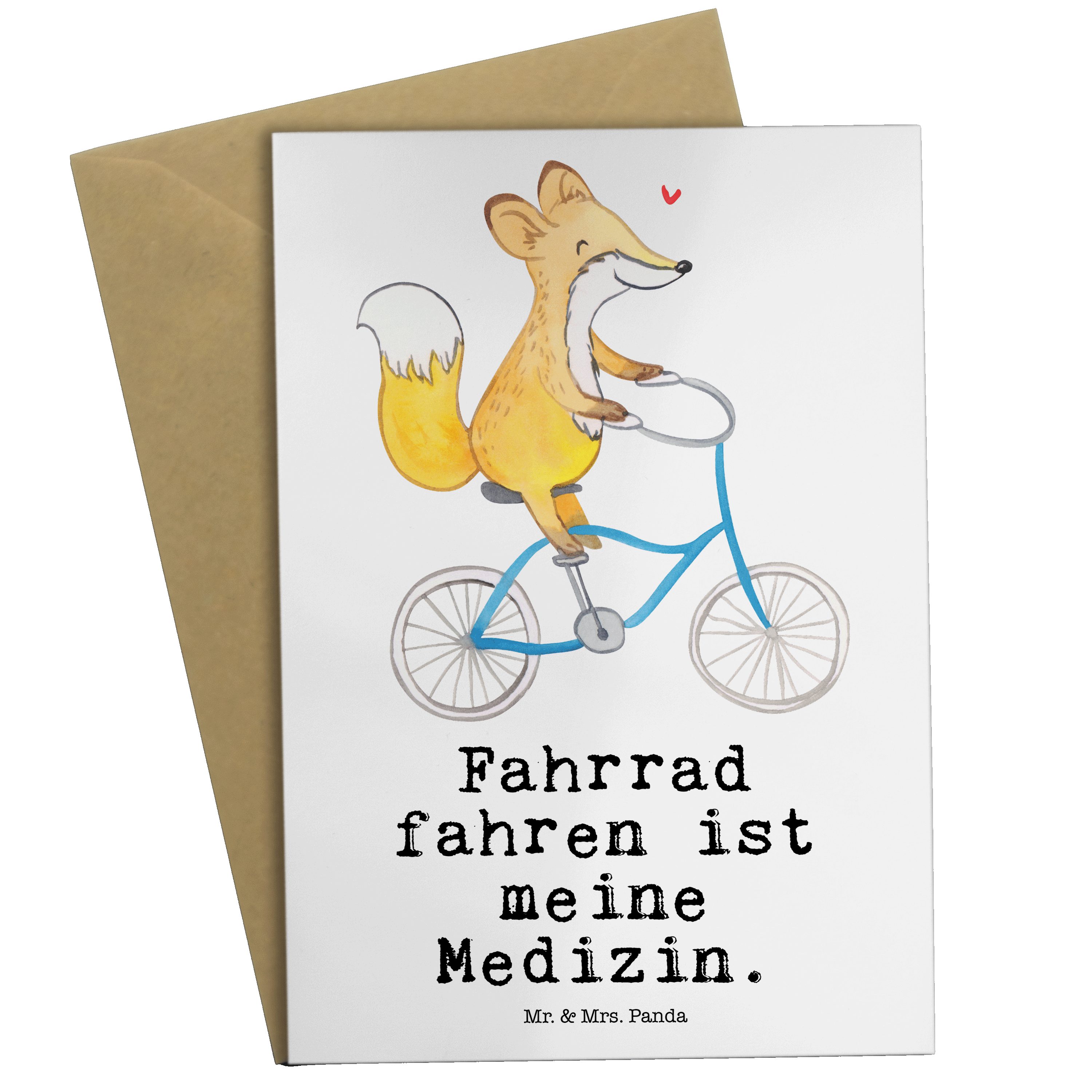 Mr. & Mrs. Panda Grußkarte Fuchs Fahrrad fahren - Weiß - Geschenk, Karte, Sportart, Sportler, Ge, Hochglänzende Veredelung