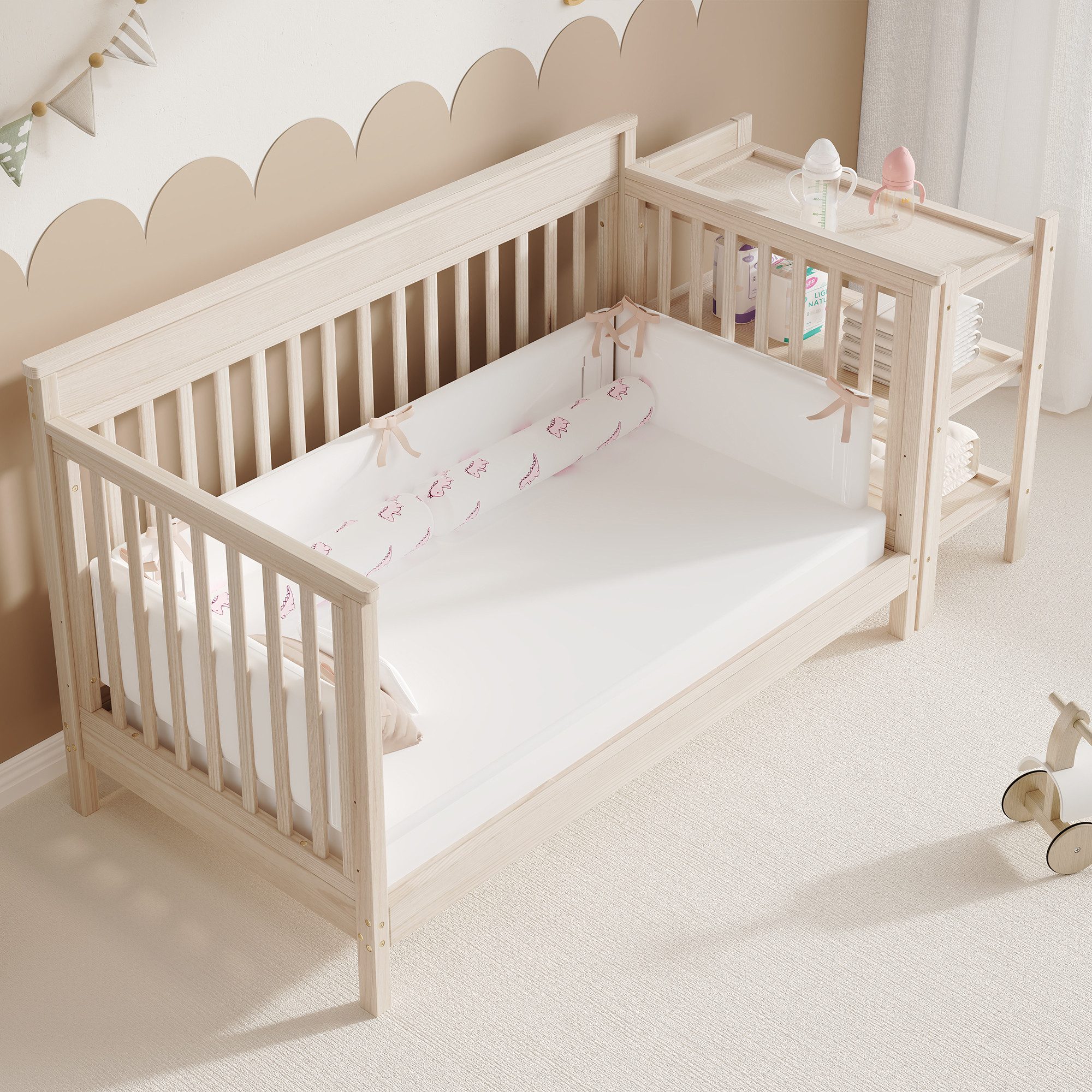 Merax Babybett 3-in-1 Gitterbett 140x70 cm, Massivholz Kinderbett, 1-tlg., 3-fach höhenverstellbar, Beistellbett & Sofa-Modus, mit Wickeltisch – Bild 5 von 5
