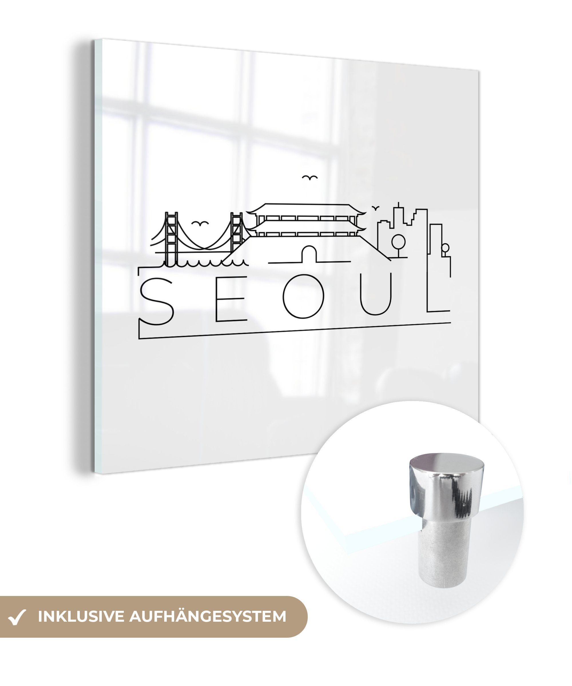 MuchoWow Acrylglasbild Skyline "Seoul" schwarz auf weiß, (1 St), Glasbilder - Bilder auf Glas Wandbild - Foto auf Glas - Wanddekoration