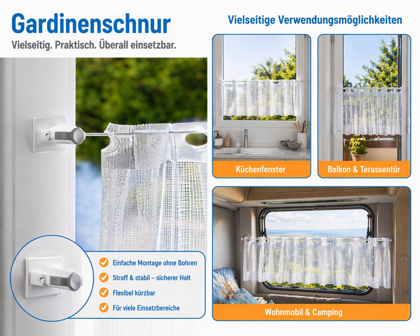 dekohaken24.de Seilspanngarnitur Gardinendraht, Gardinenseil, Vorhangdraht, Gardinenschnur, inkl. Klebeplatten für eine Befestigung ohne Bohren an Ihrem Fenster – Bild 4 von 5