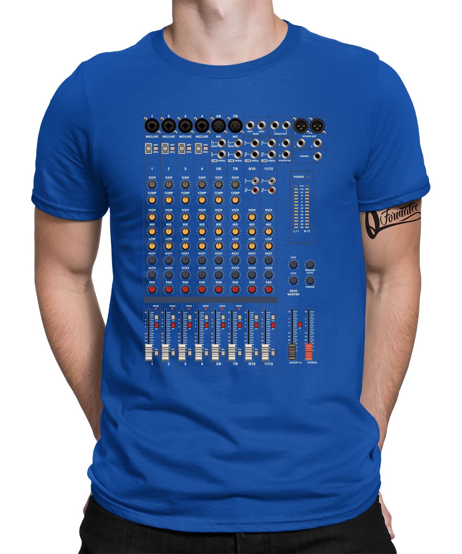 Quattro Formatee Kurzarmshirt Potris Knöpfe Modular Steckfelder - Elektronische Musiker Synthesizer (1-tlg) Blau