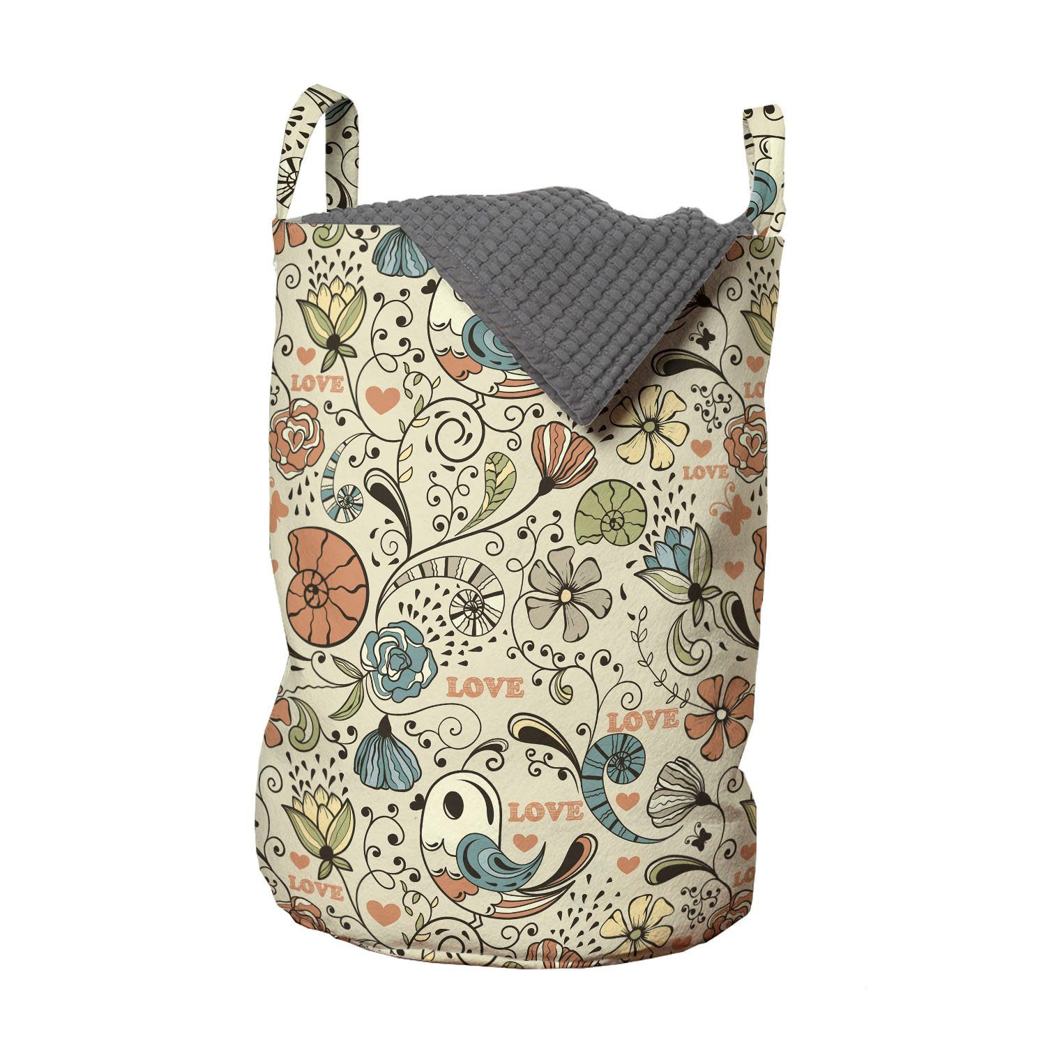 Abakuhaus Wäschesäckchen Wäschekorb mit Griffen Kordelzugverschluss für Waschsalons, Tier Vögel Blumen Schnecken-Herzen